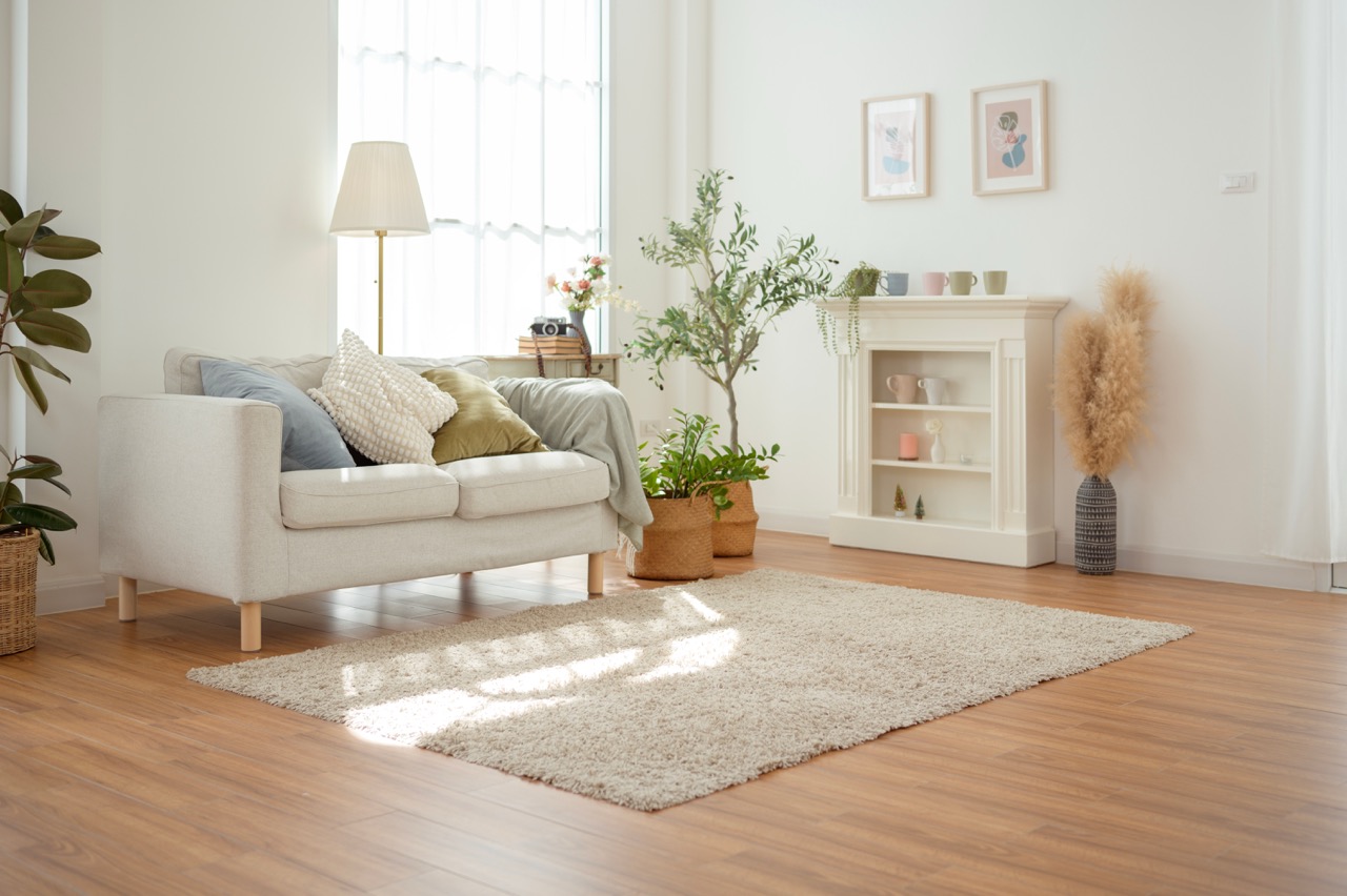sofa with neutral tones and lots of natural light in the living room
