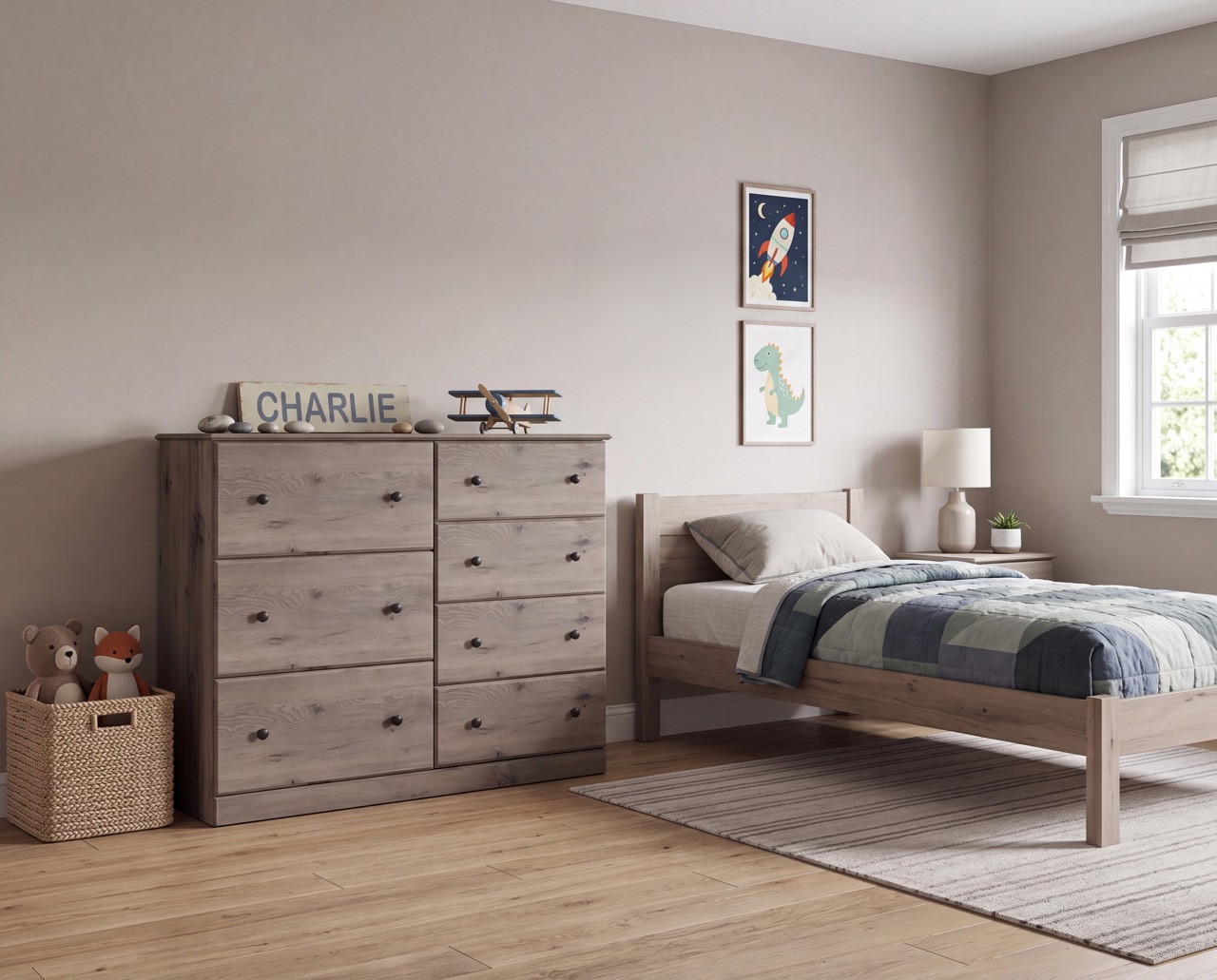 kids dresser in a room scene with a bed, basket of toys, lamp, and rug