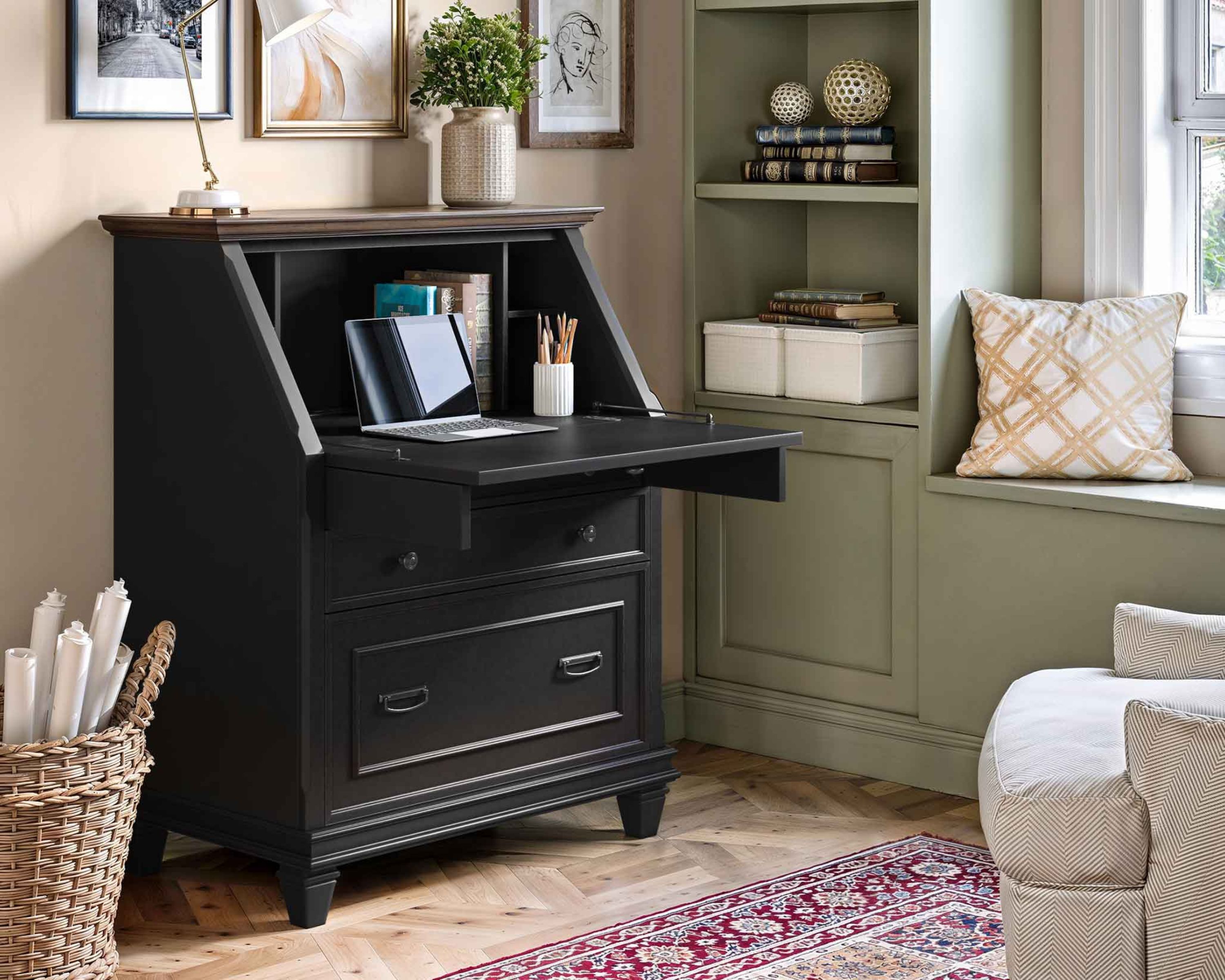 Convertible Desk styled in a home office lounge space