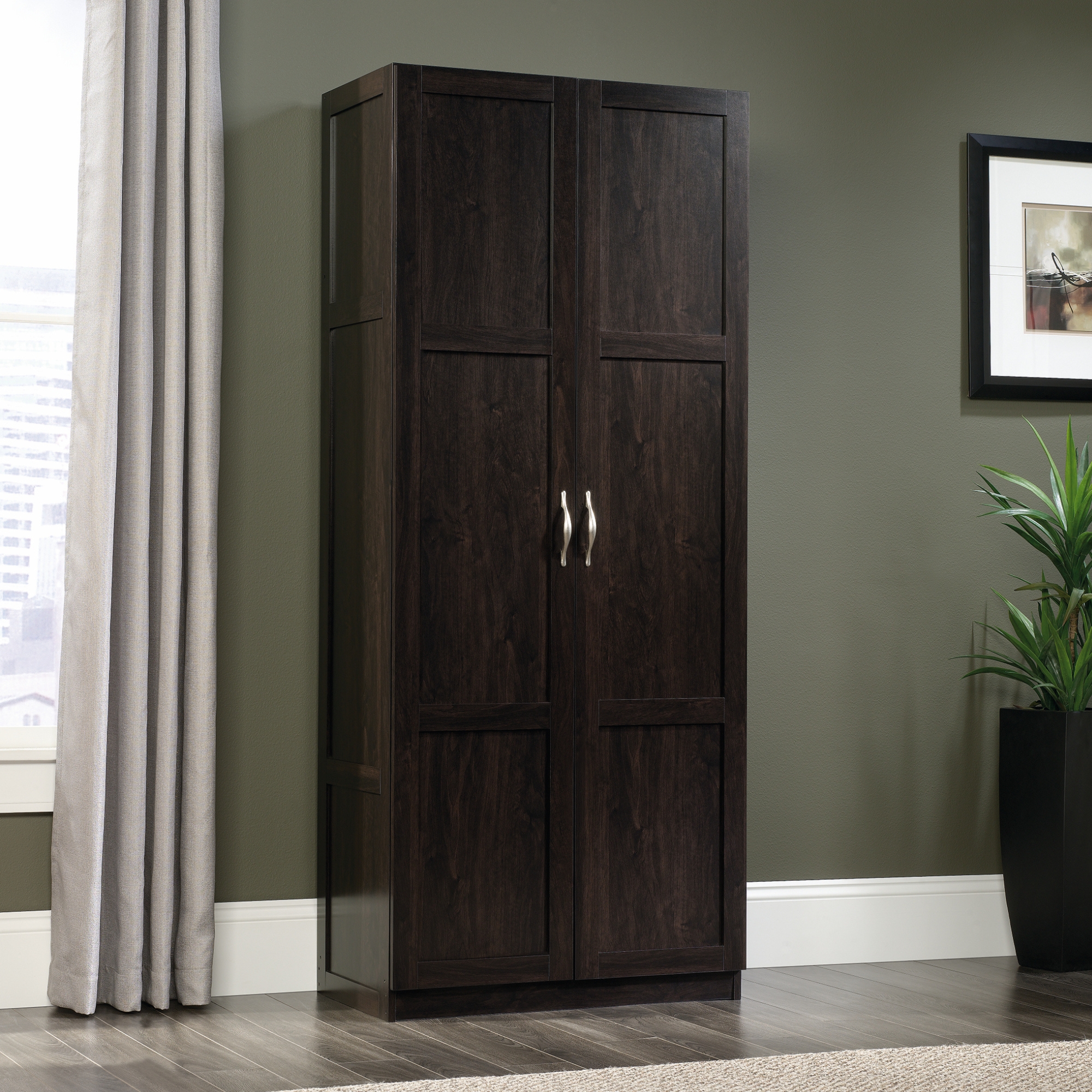 Dark wooden tone pantry with cabinet doors