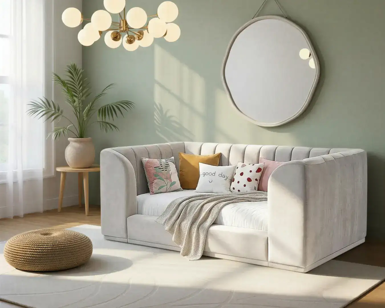 Kids' daybed with decorative throws in a cozy room