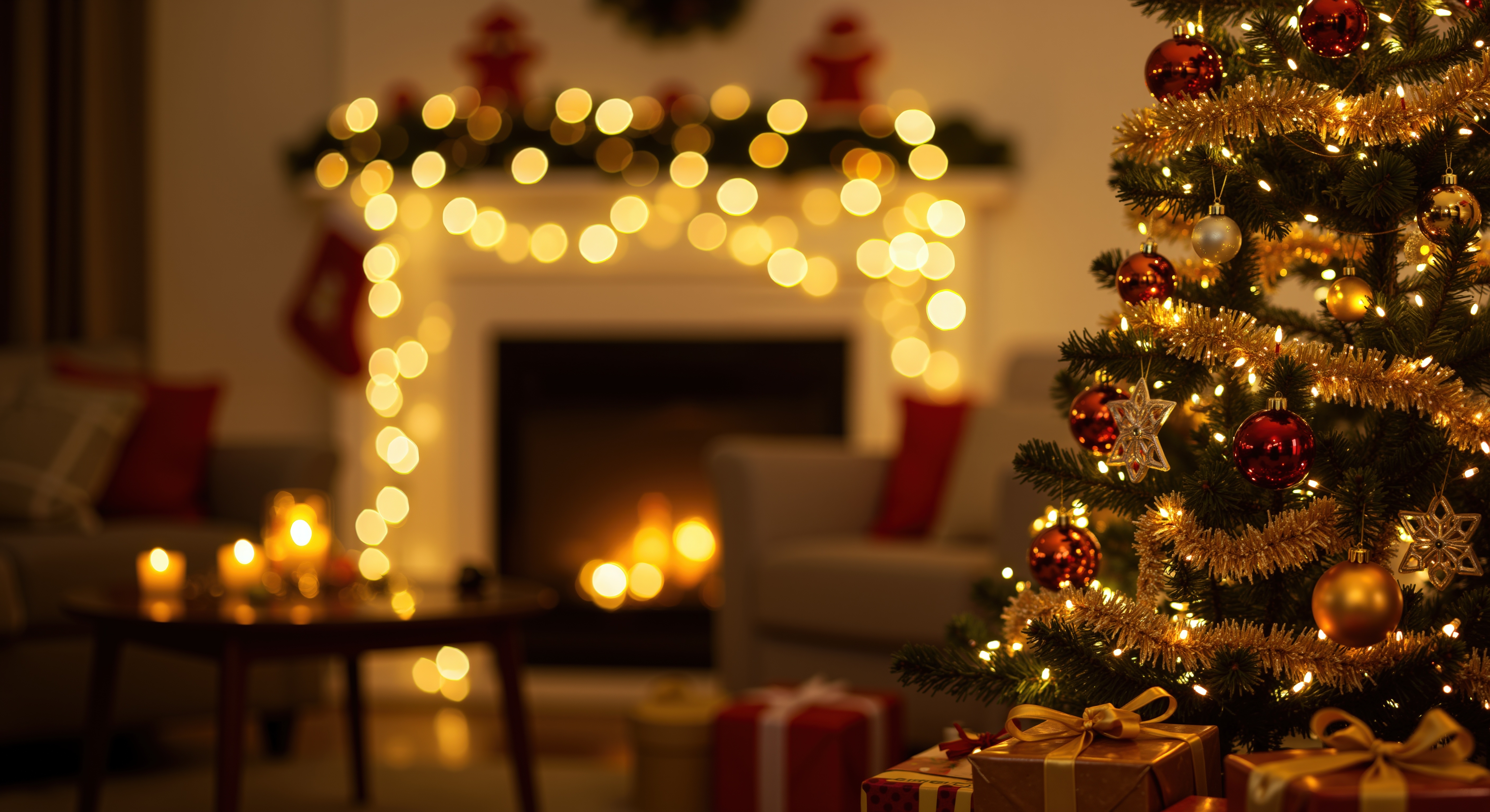Christmas tree and hearth with warm lighting and Christmas decor
