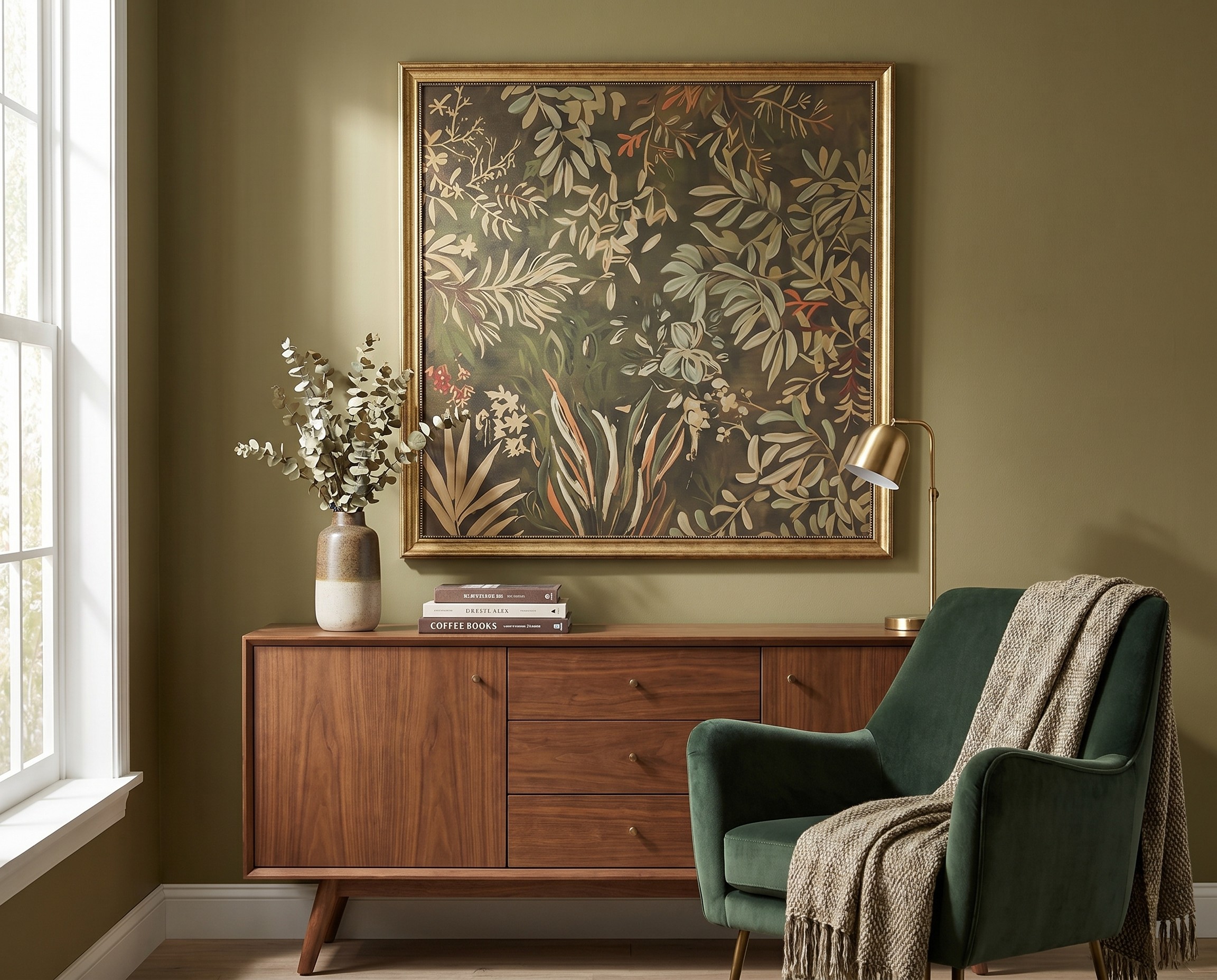 large, square framed canvas art to enhance wall in rental