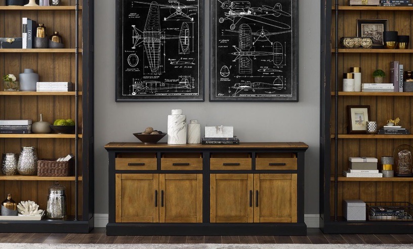 four door credenza with 4 drawers and two-tone wood finish