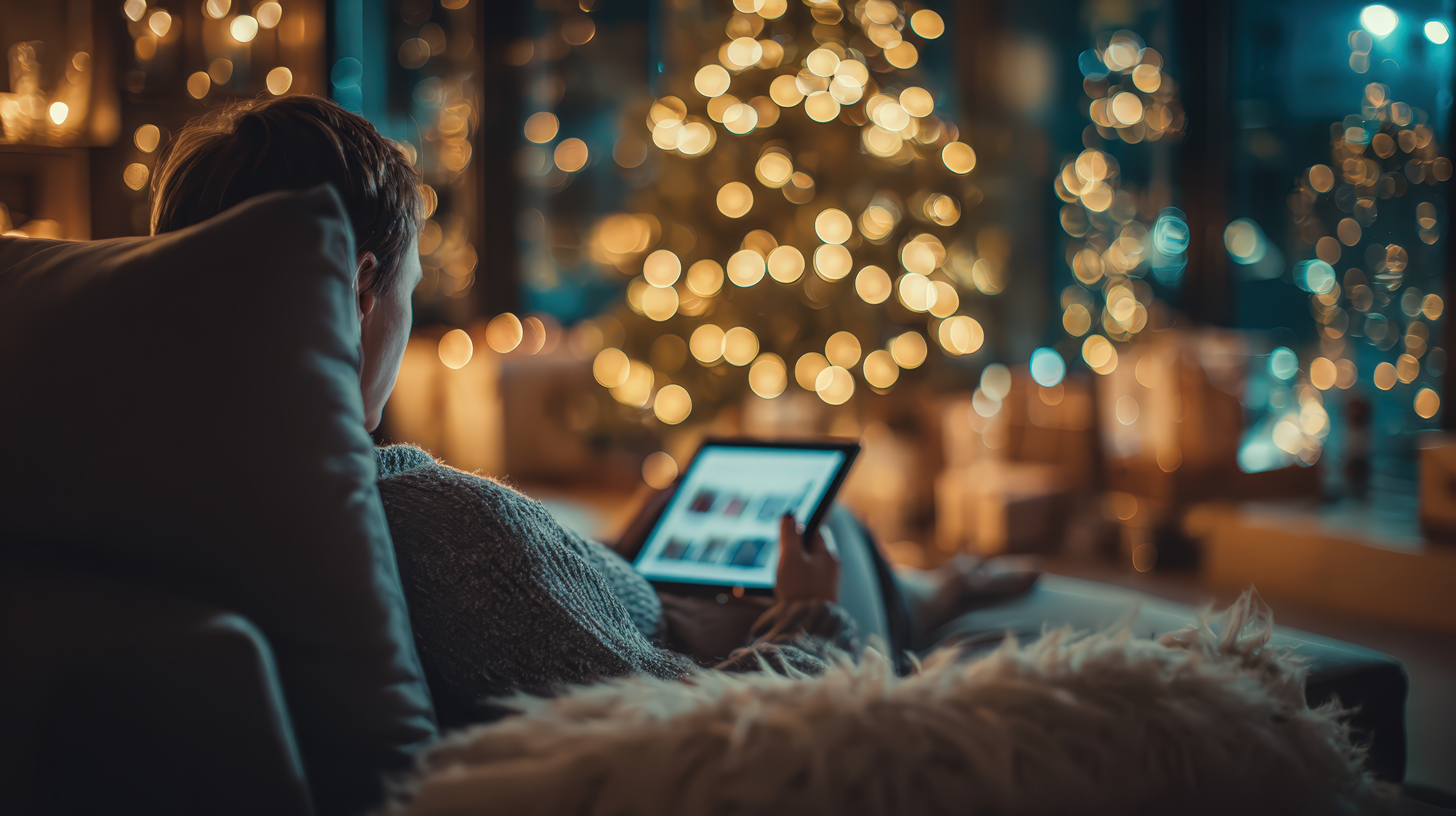 Man in recliner Cyber Monday shopping with Christmas tree in background