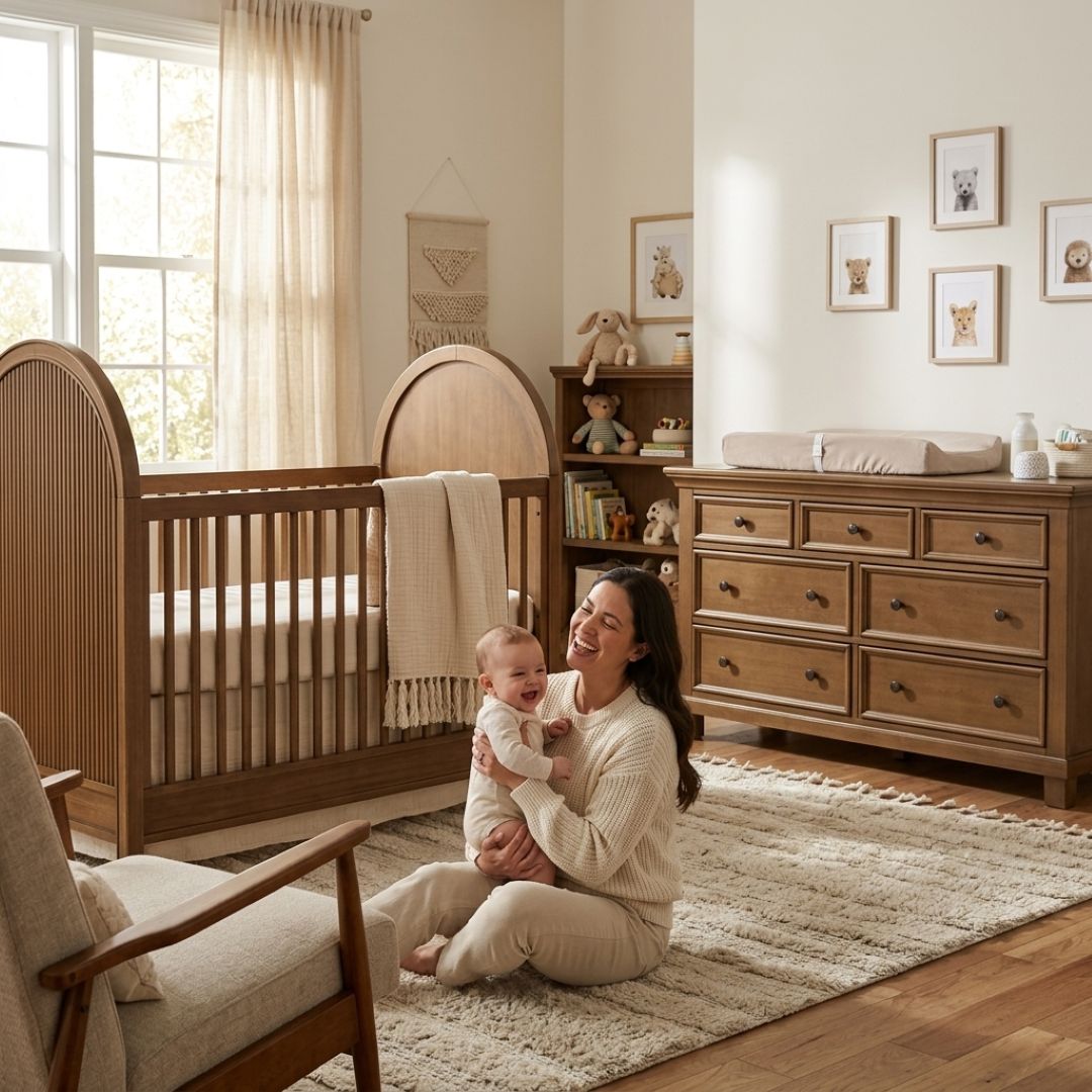 Mom holding baby on a rug in nursery with crib in the background