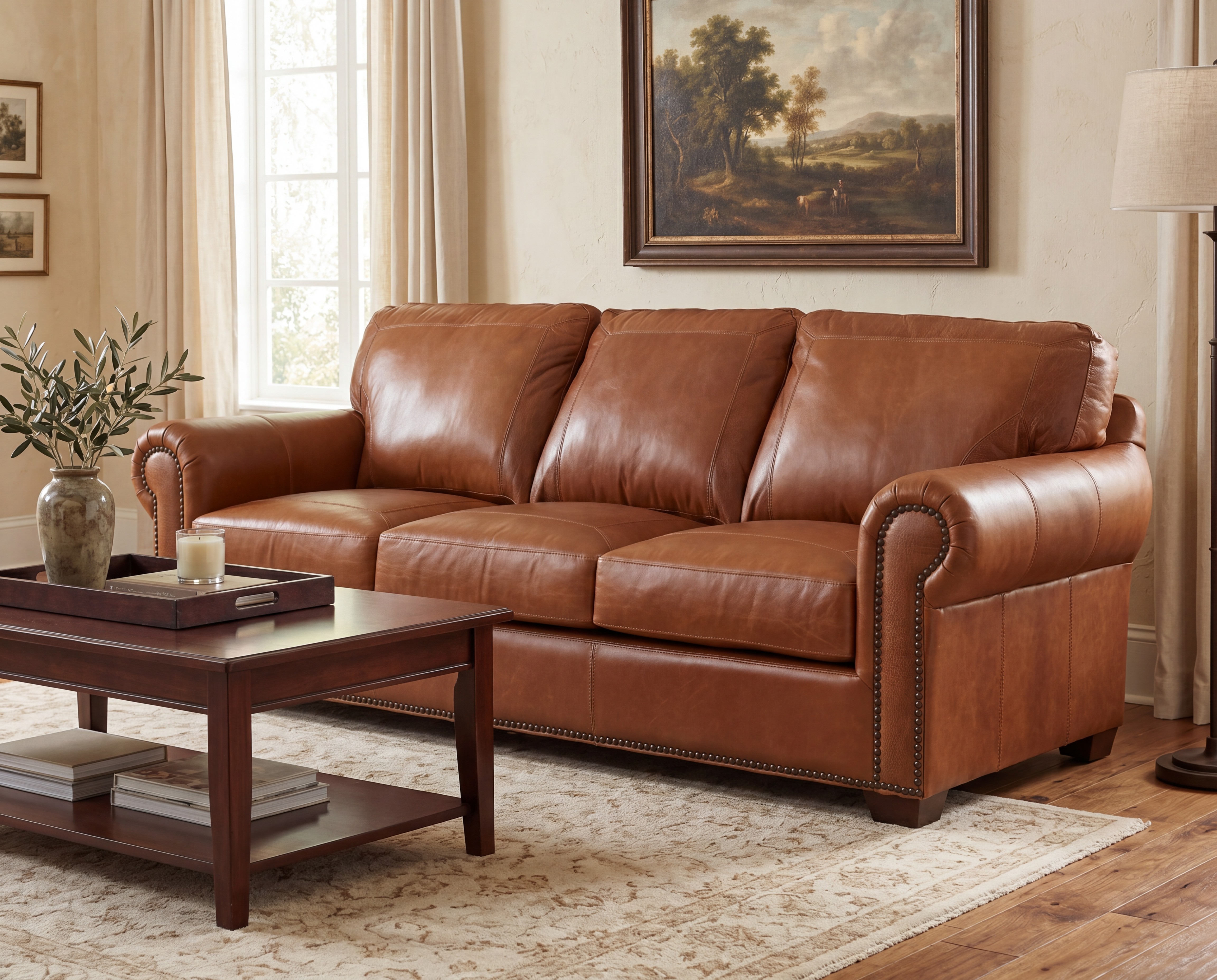 Leather sofa in saddle sitting at an angle in living room