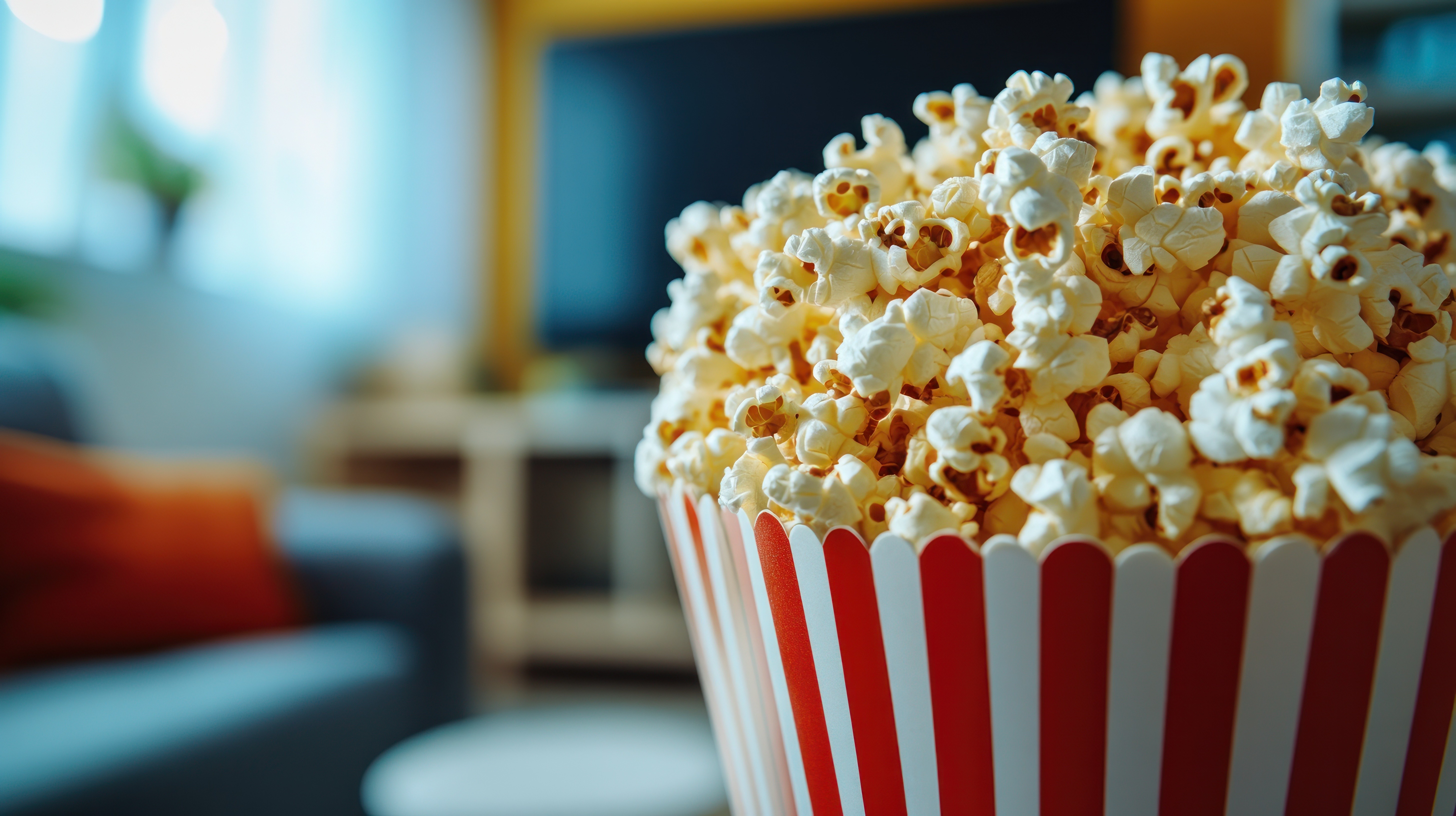 Popcorn with faded home theater in background