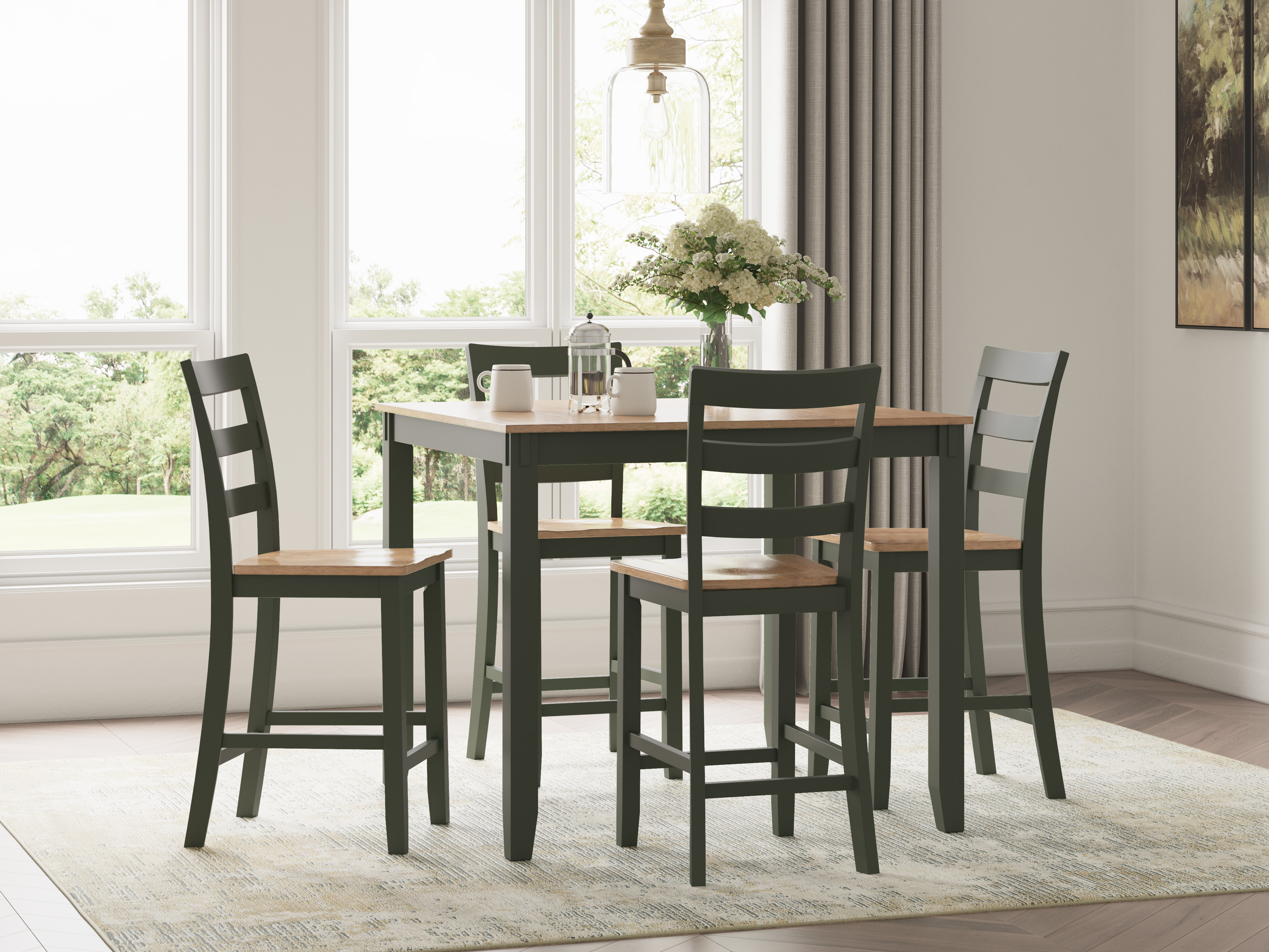 Five piece dining set with green wooden base and natural wood top