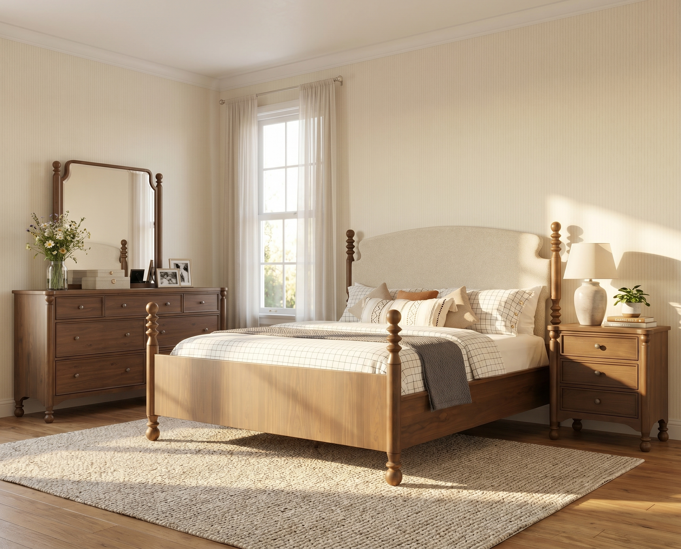 wood bed with light linens