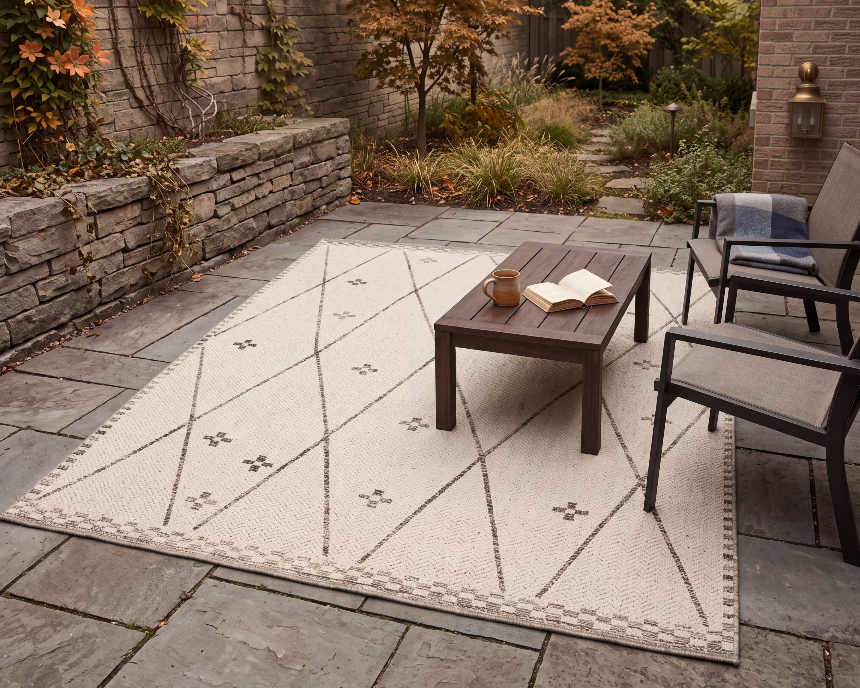 a tan rug with a minimal pattern styled on a backyard deck for autumn