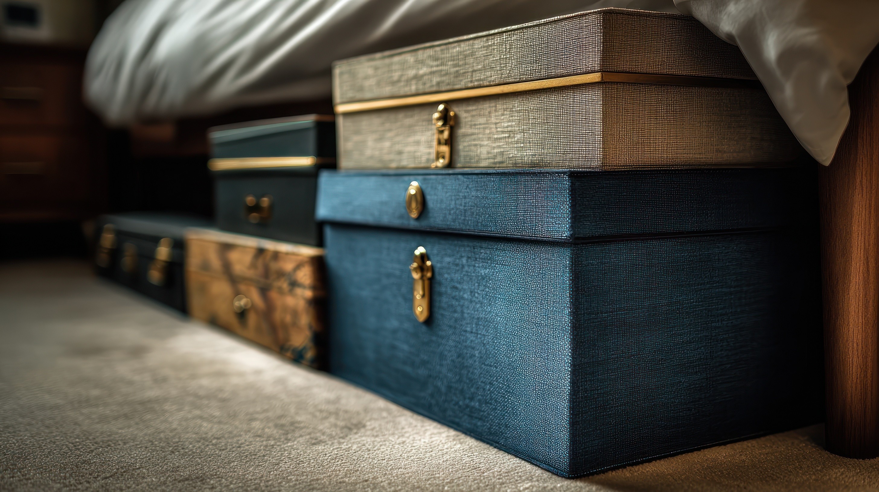 A variety of colored and sized boxes for under bed storage