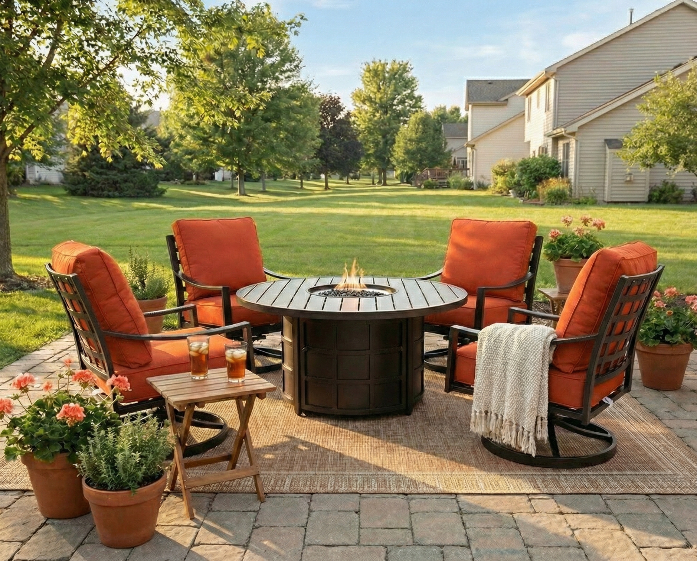 Outdoor seating with orange cushions arranged around a firepit
