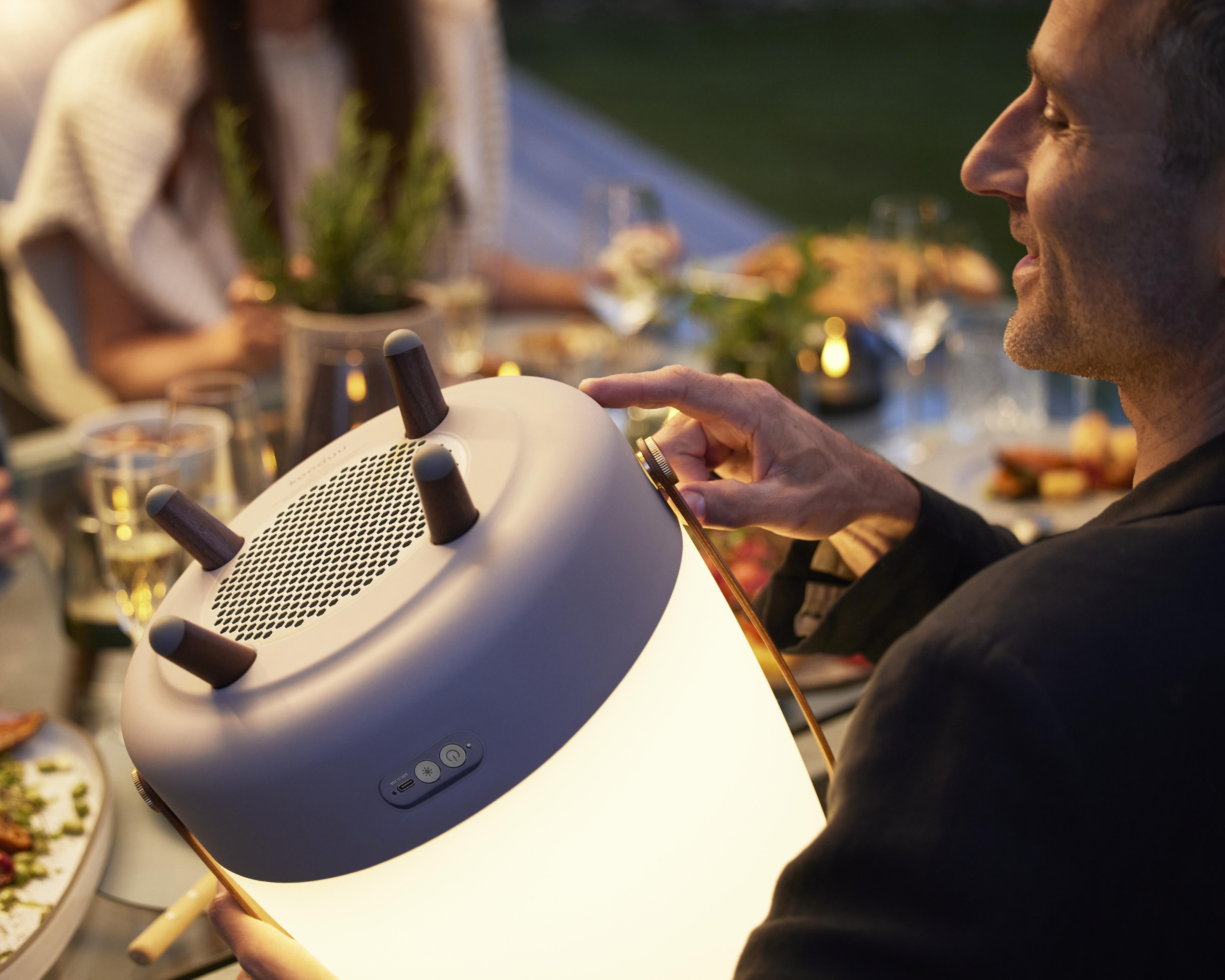 Portable, outdoor LED light and speaker