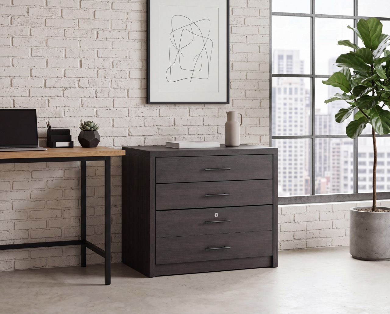 a modern lateral file cabinet in a home office scene