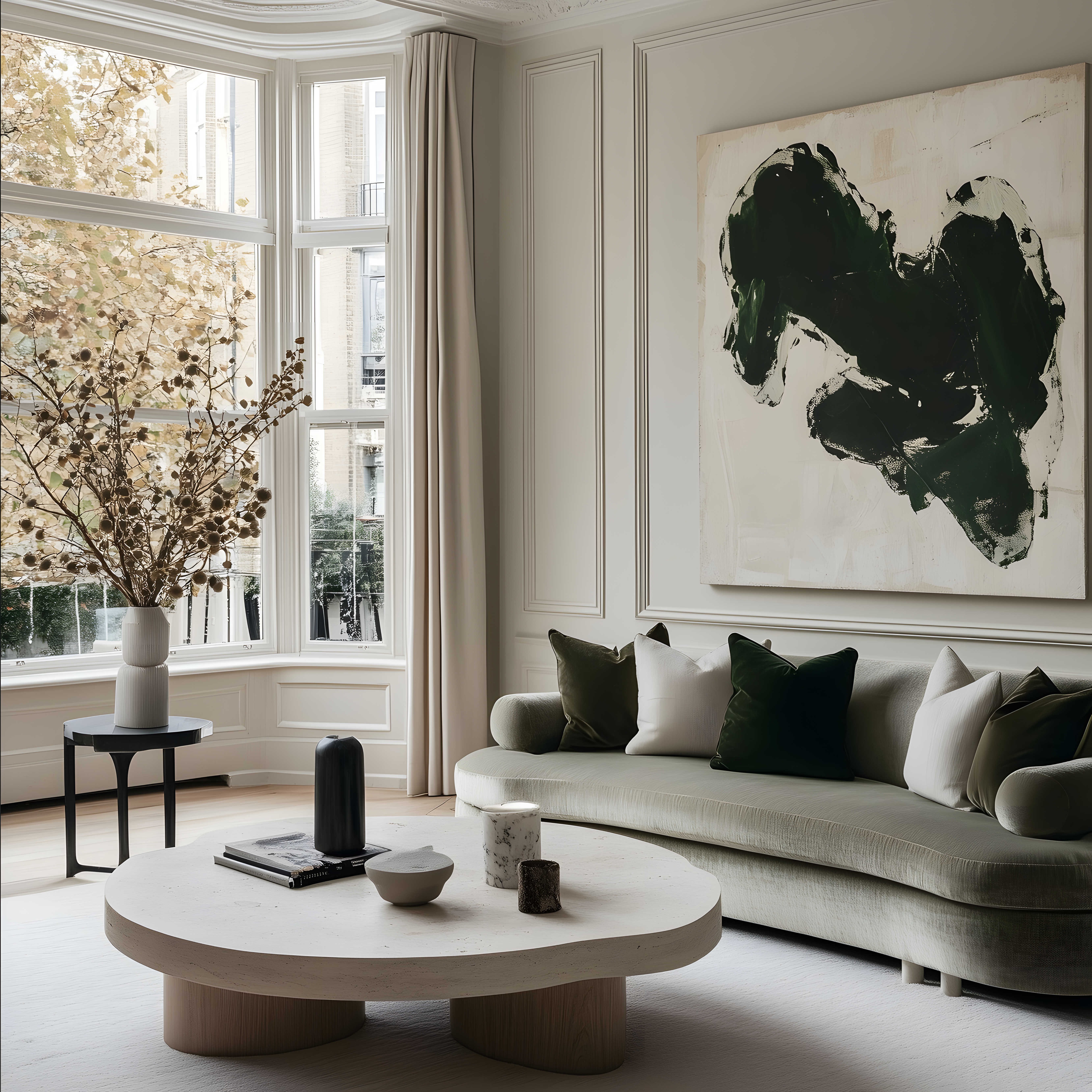 Velvet sofa and mix of pillows in very light neutral green tones