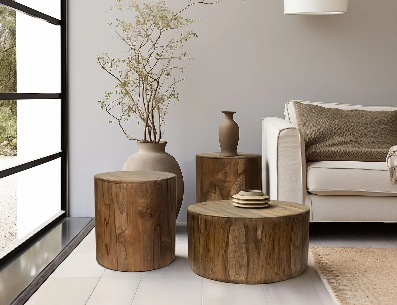 three accent tables including an end table, a chairside table, and a coffee table - each in a medium wood shade