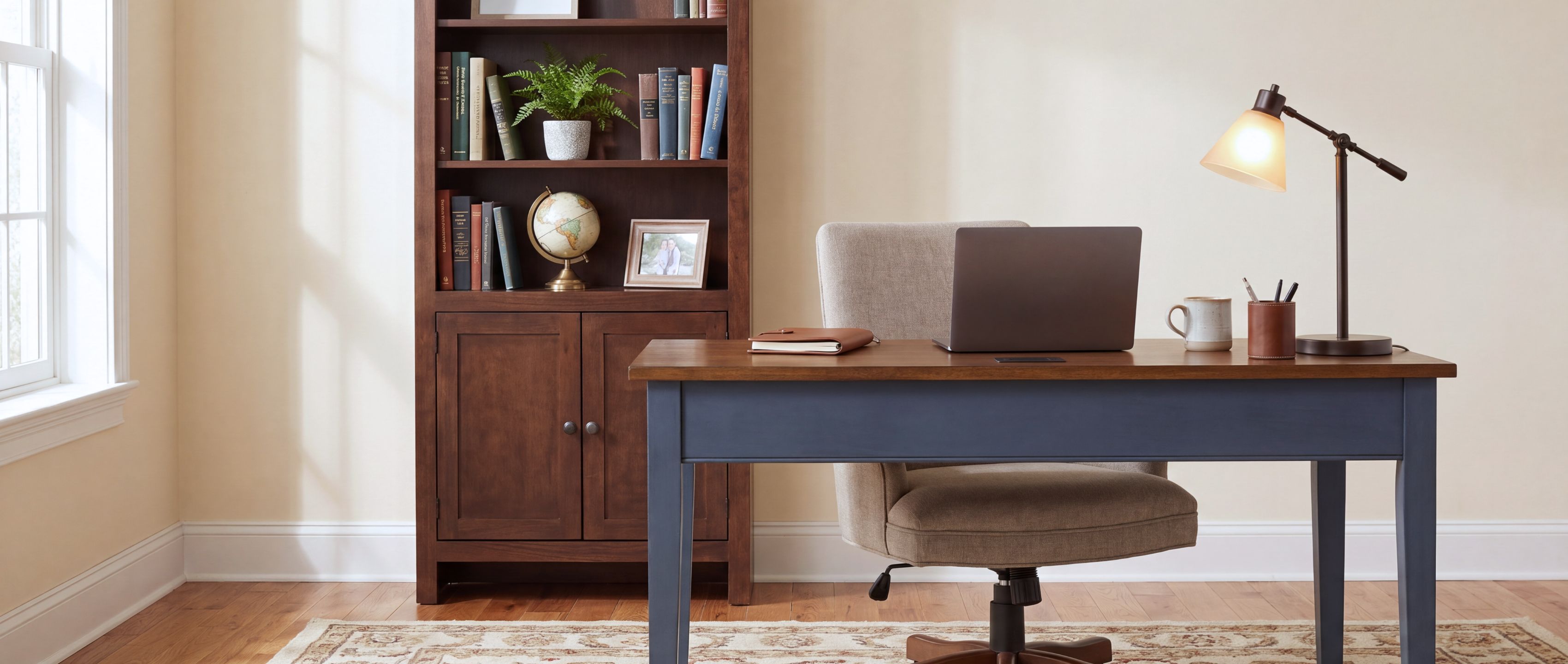 blue desk and dark wooden bookshelf styled in a home office