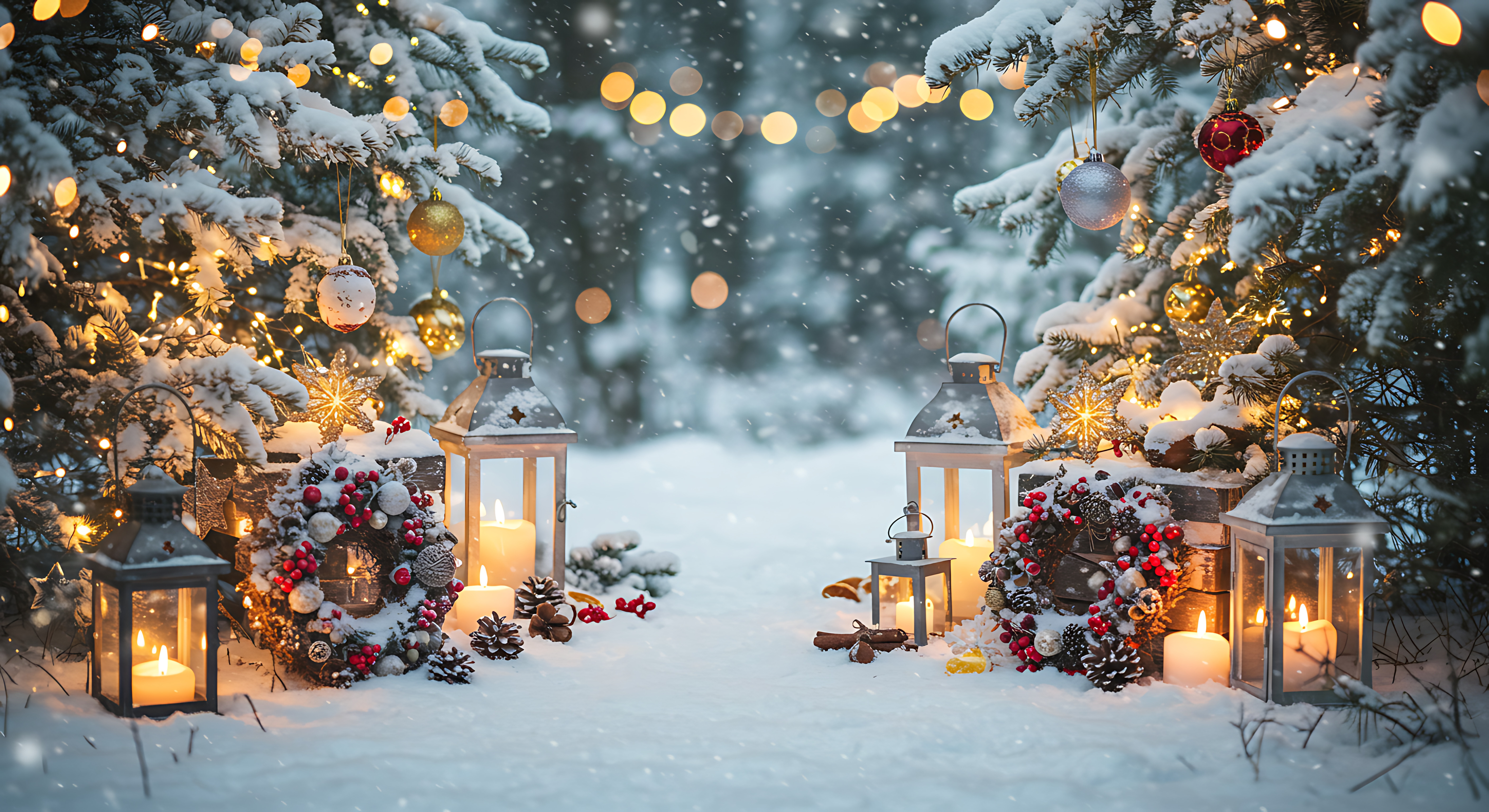 Outdoor holiday lanterns and greenery