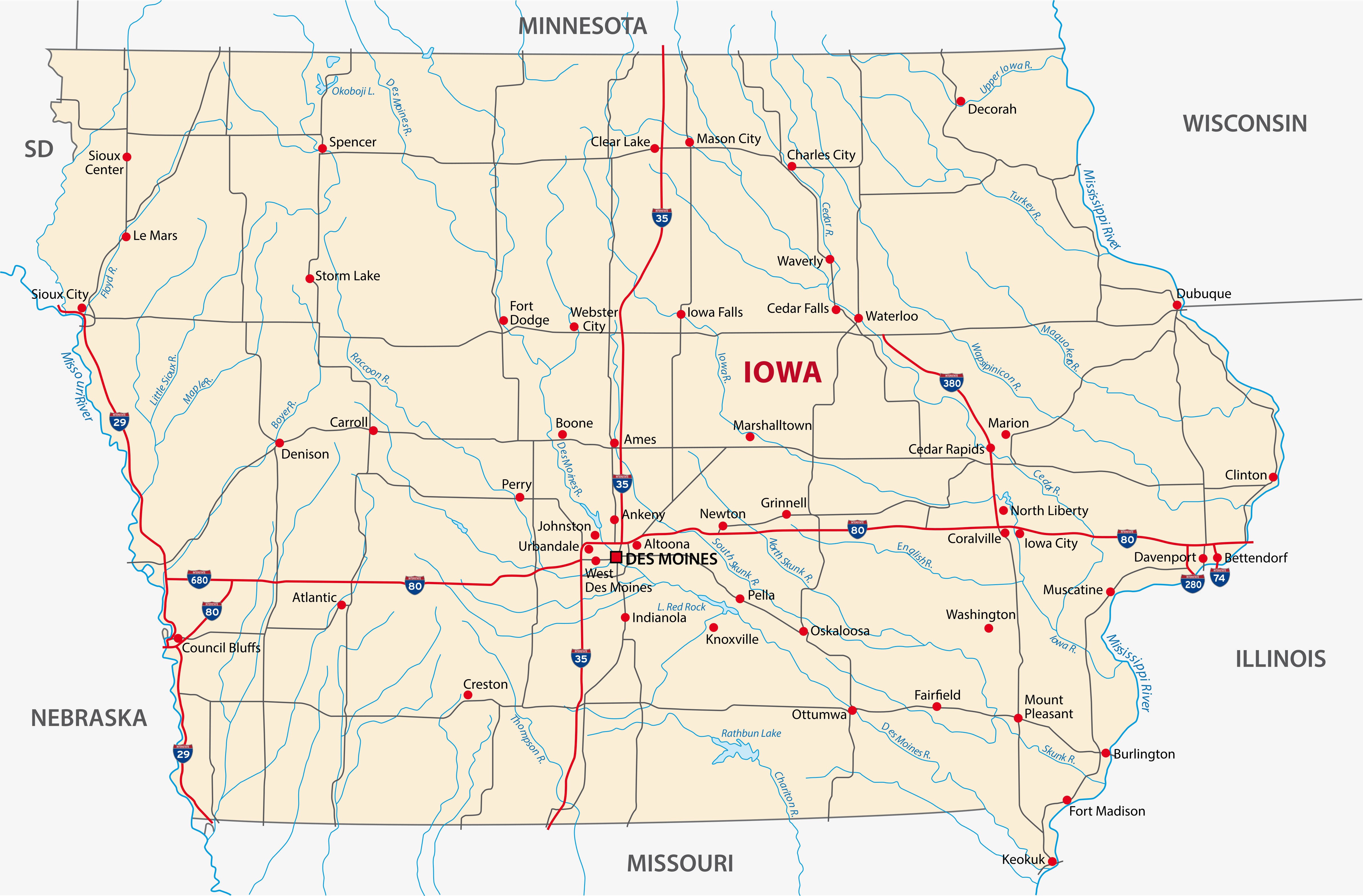 Map of the state of Iowa highlighting the main cities and towns