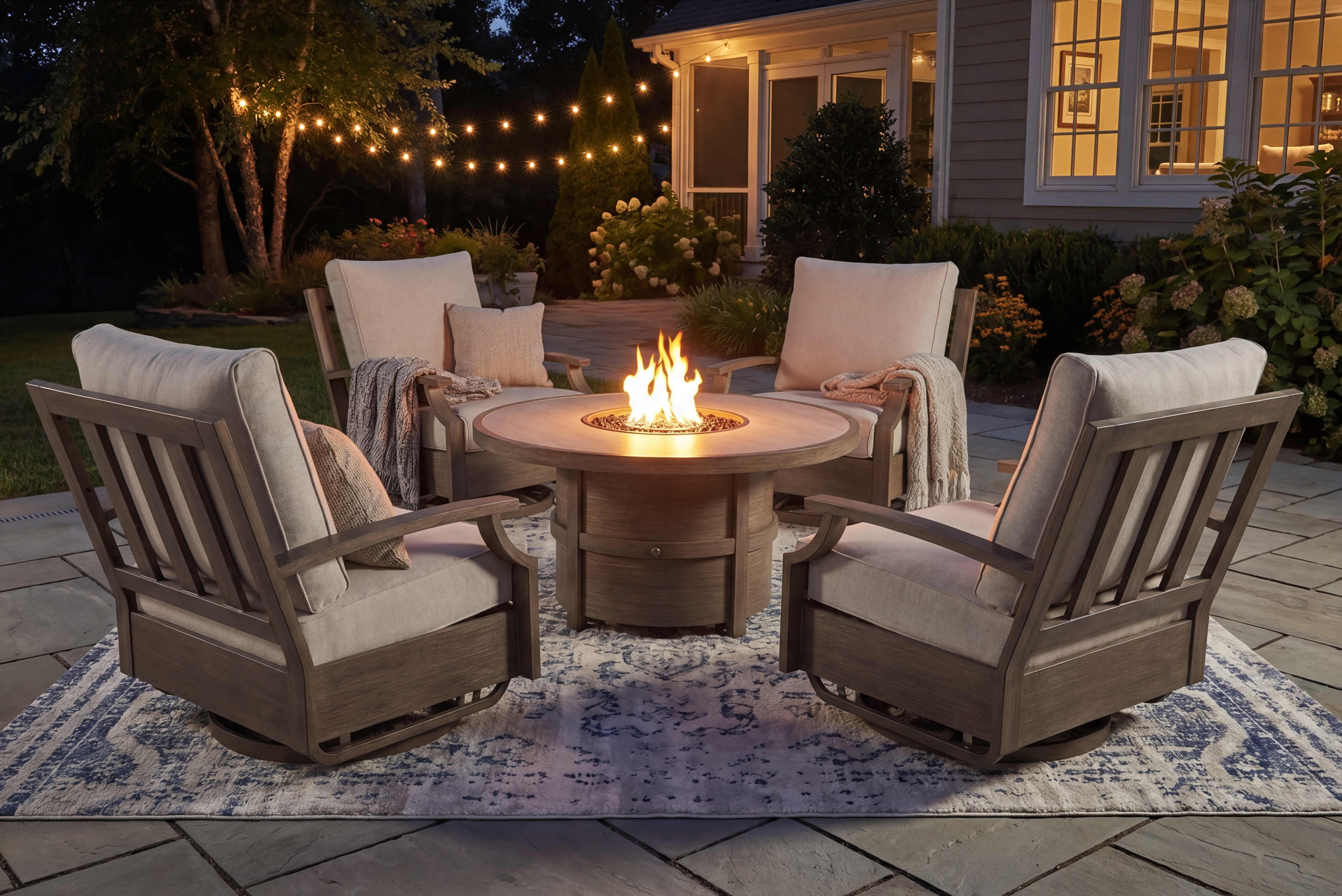 outdoor swivel chairs around fire pit