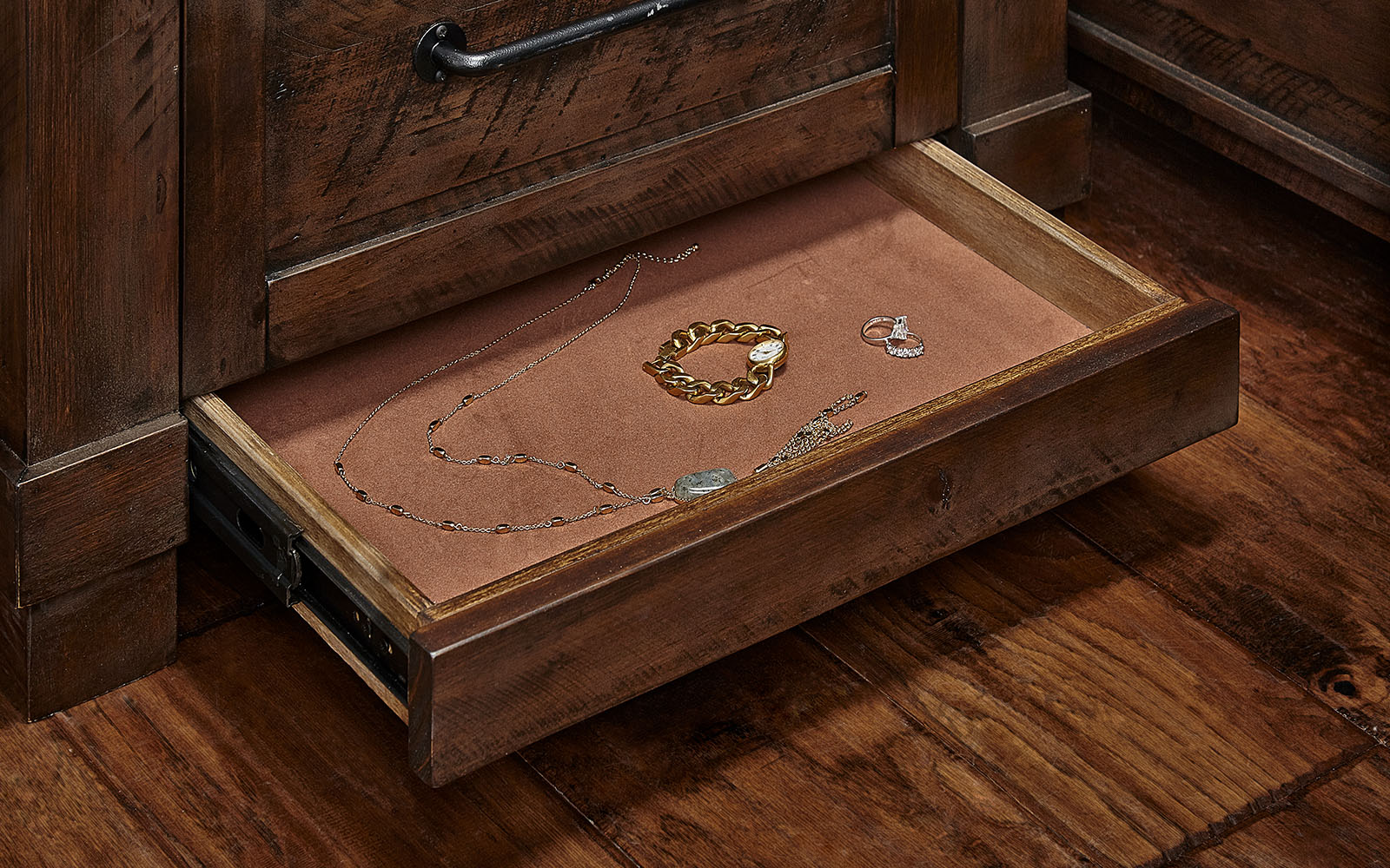 nights stand in oak finish with kick out baseboard drawer