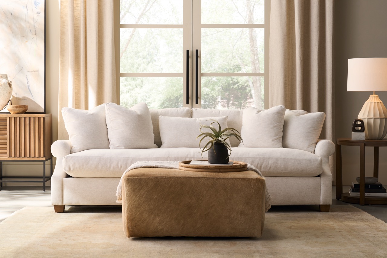 room scene of an elegant white sofa that is customizable