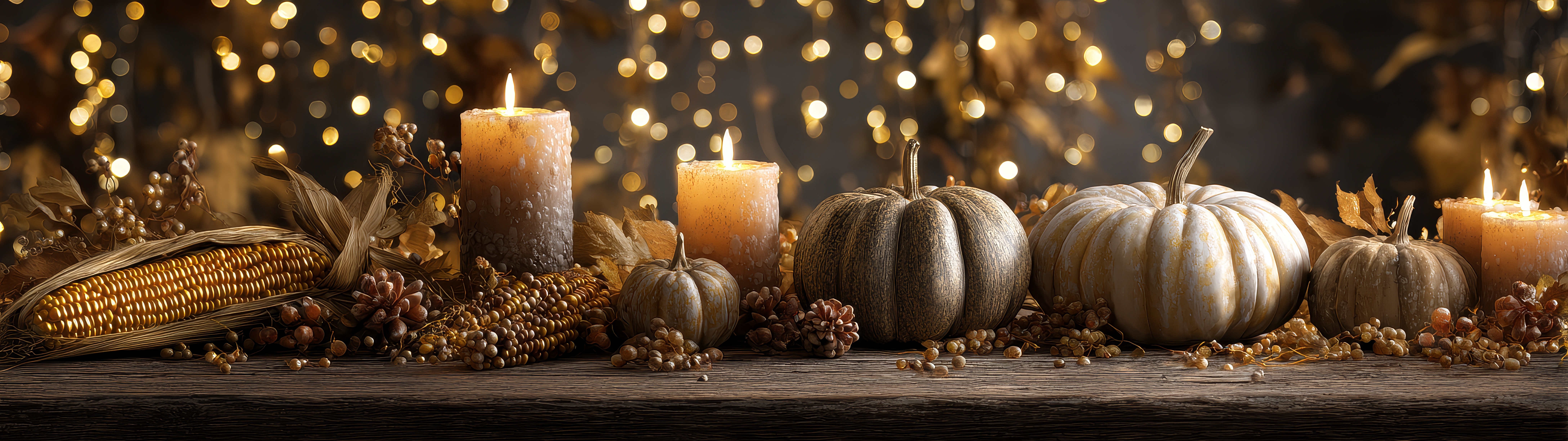 metalic pumpkins with soft fairy lights