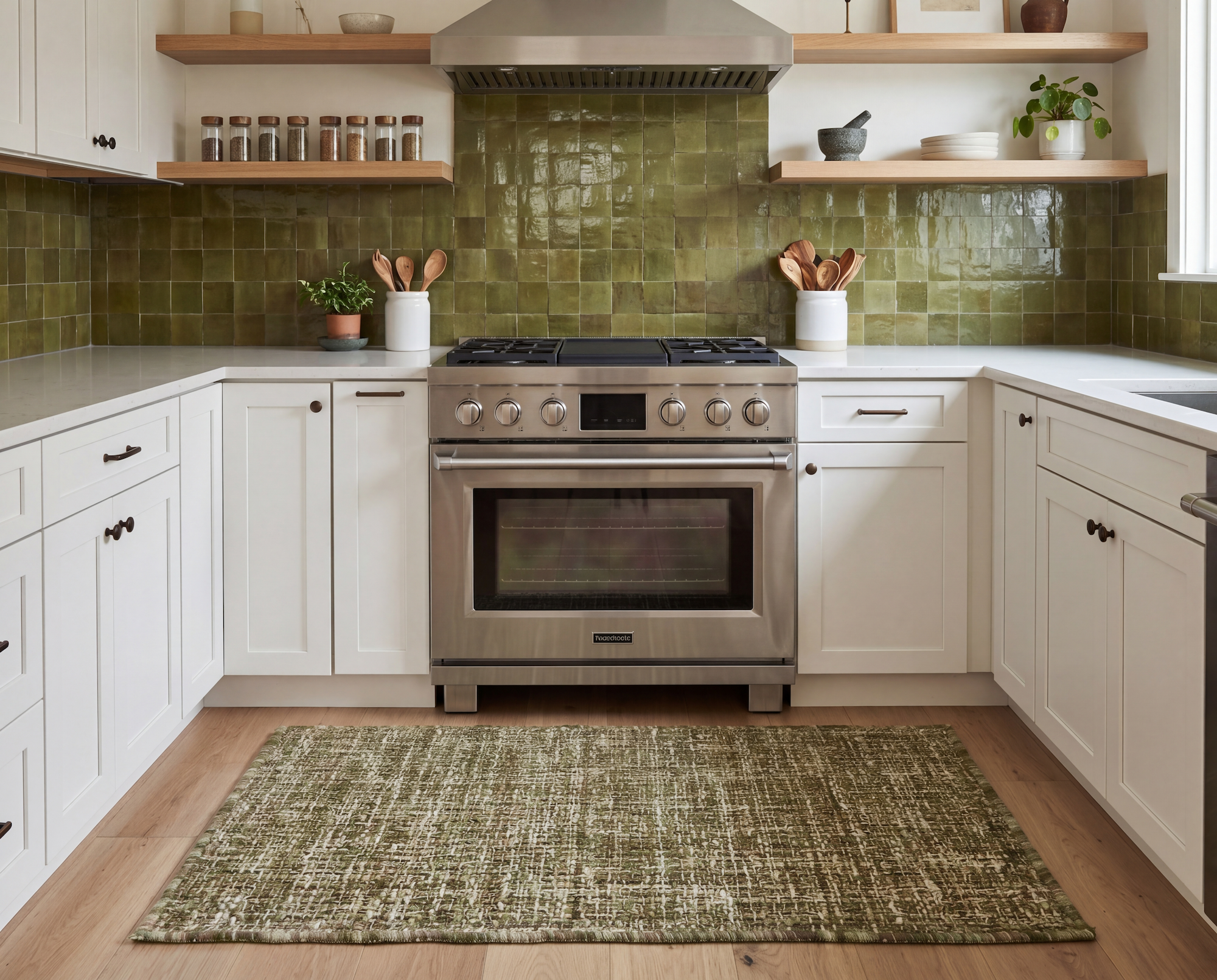 small green rug that matches backsplash placed in front of oven 