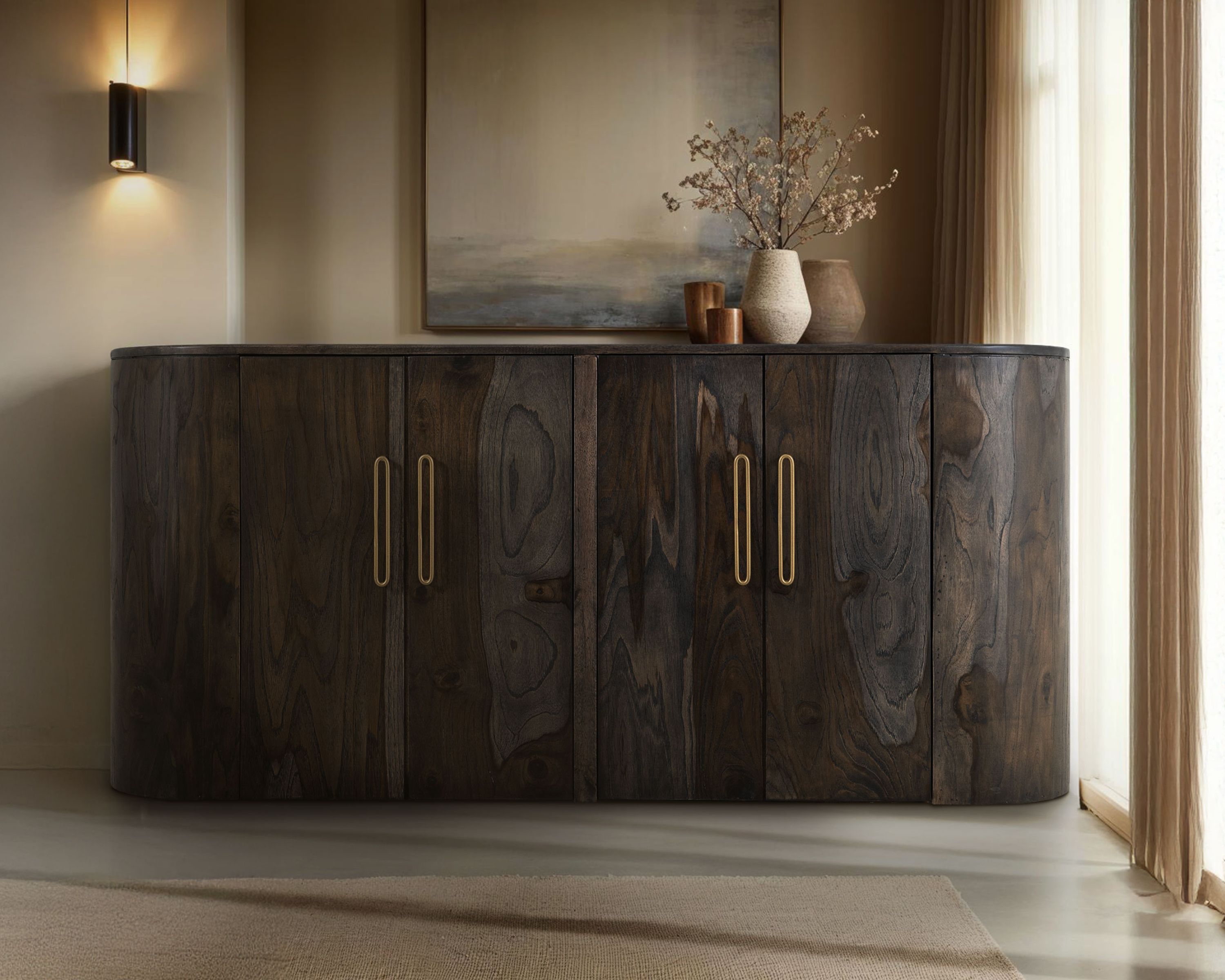 Dark wood console table styled in an in-home scene