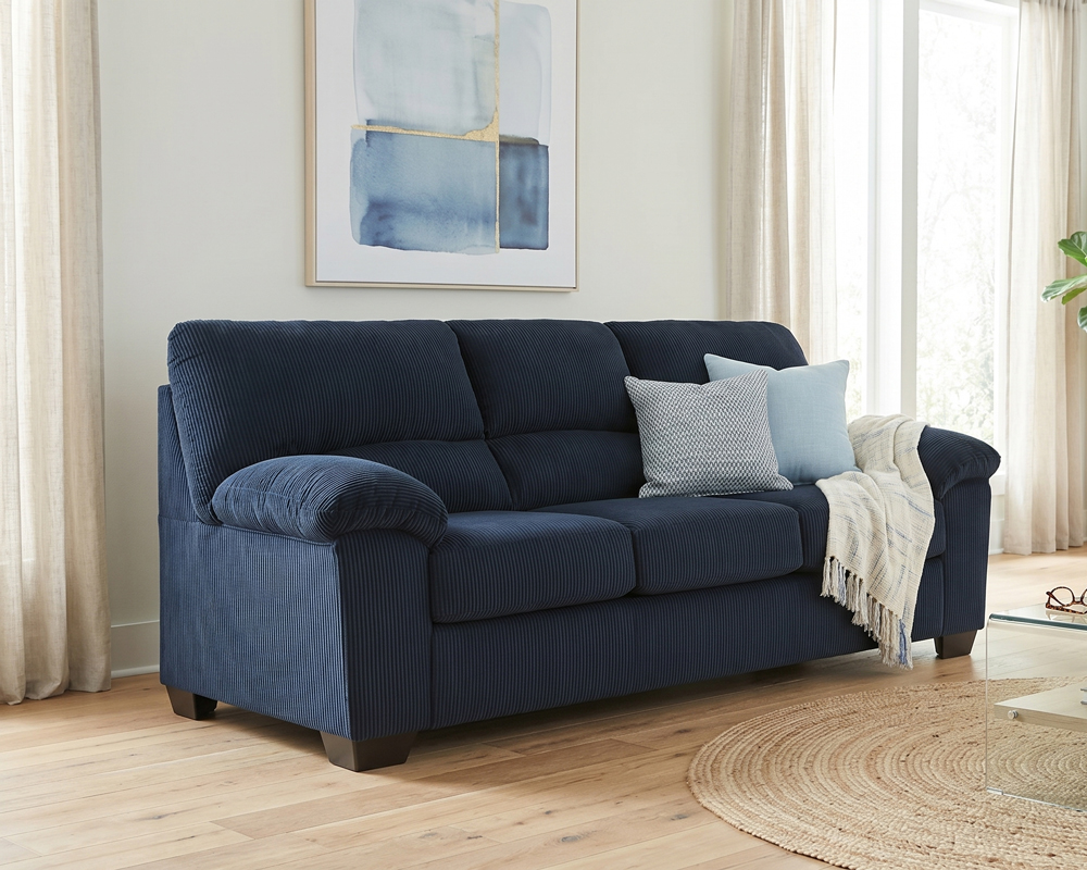 dark blue sofa in living room