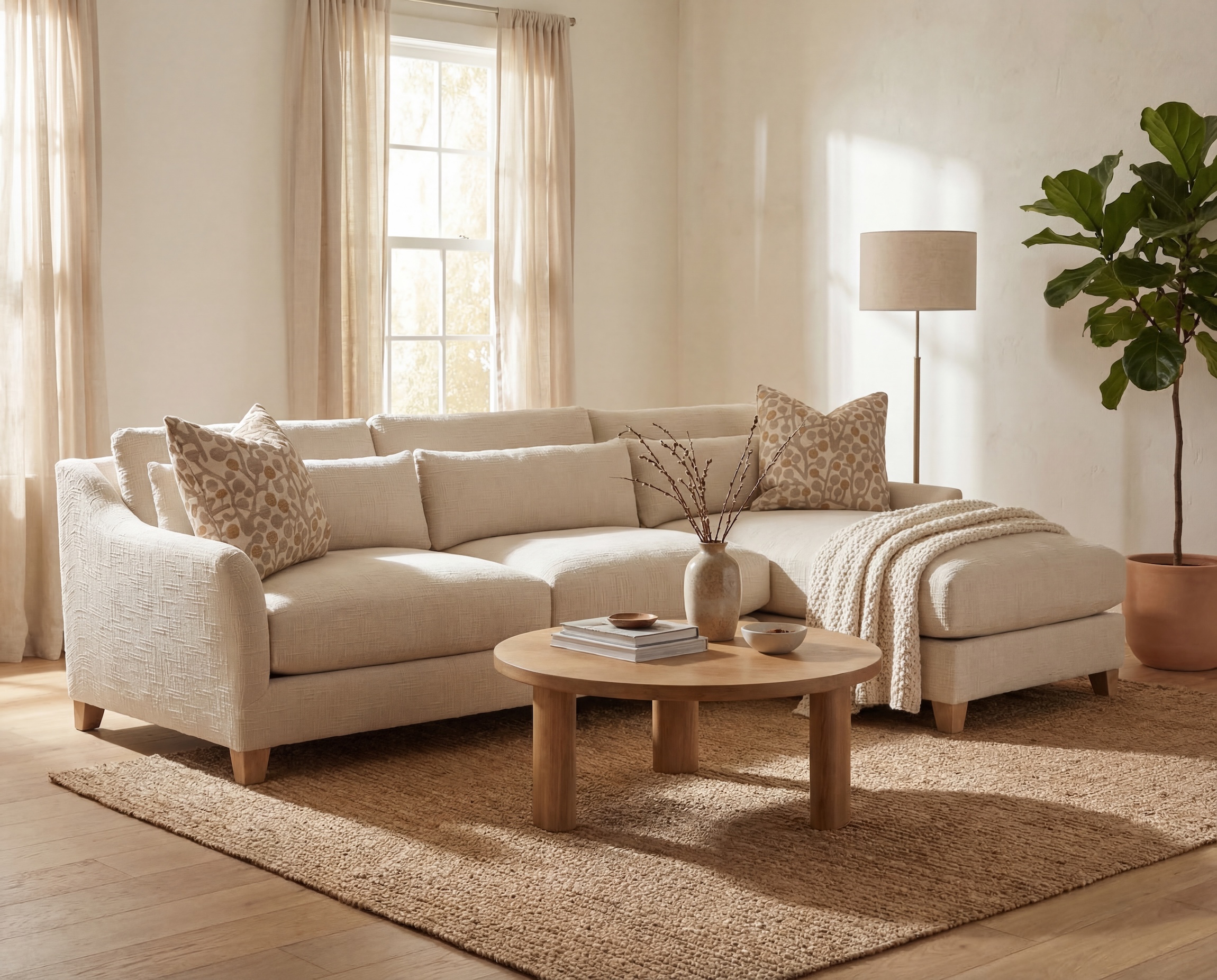 plush cream sofa with a low profile and deep seating, accessorized with throw pillows and a blanket