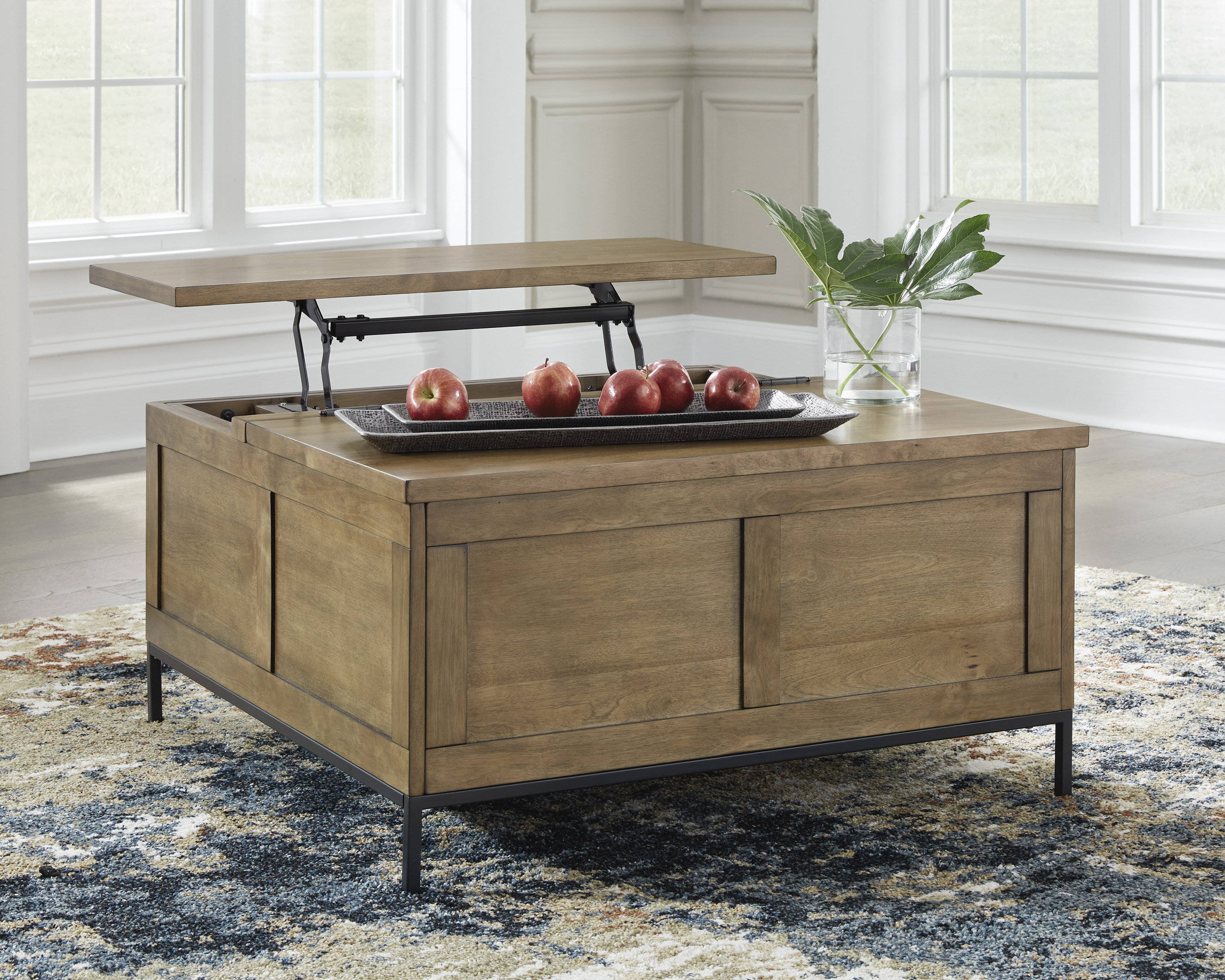 Coffee table with work or eat lift, and under-top storage