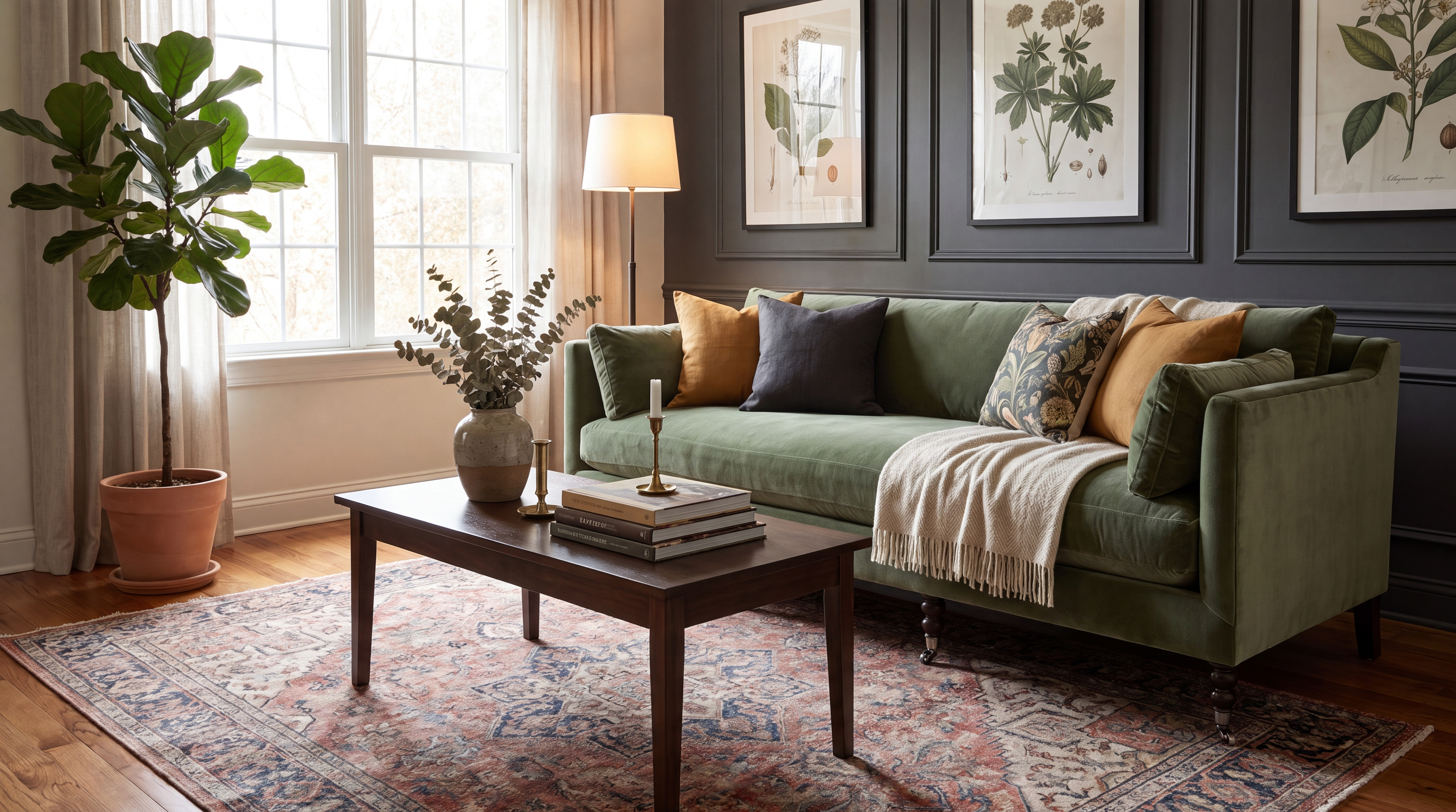 sage green sofa styled in a moody living room