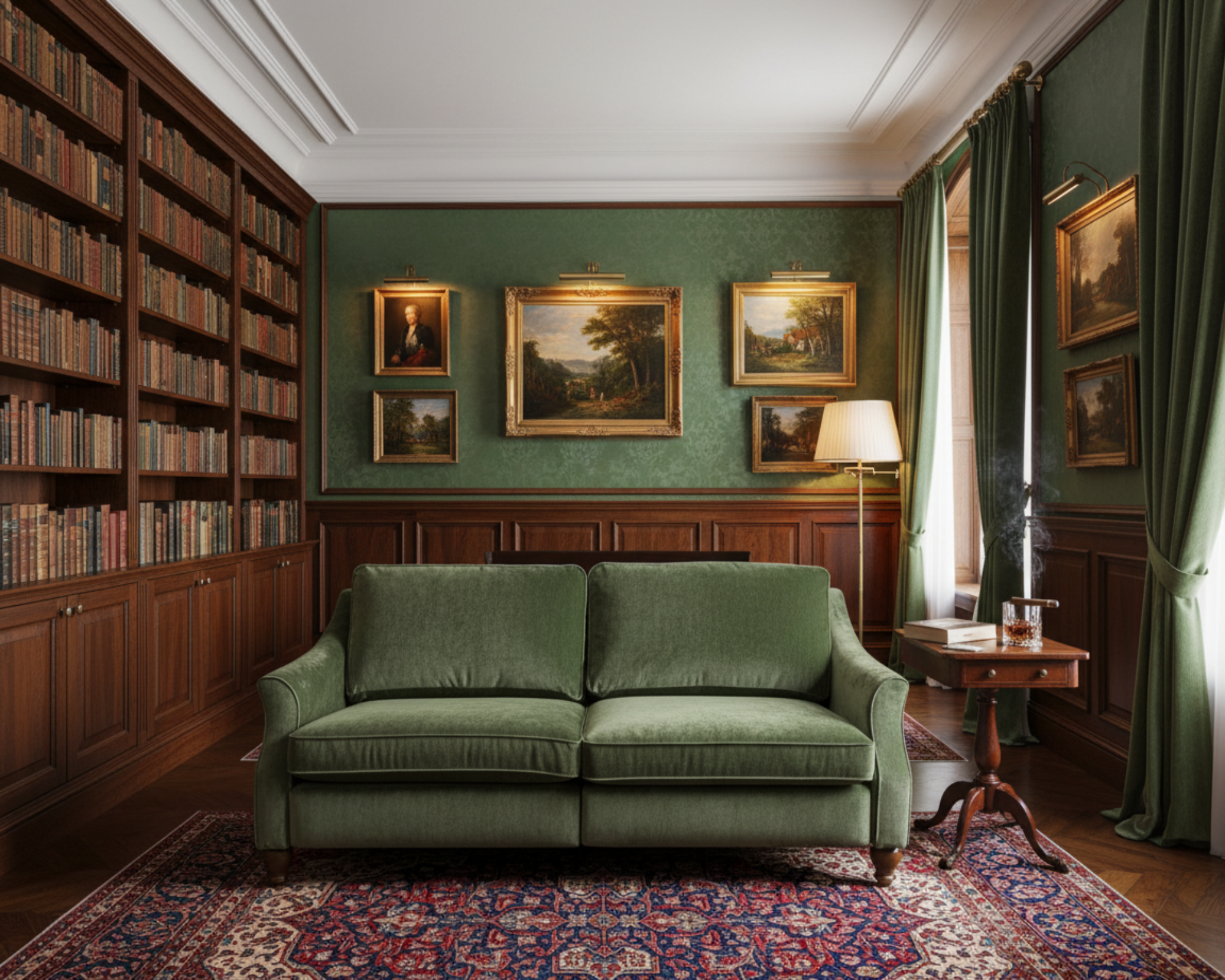 Old money living room with jewel tone green sofa