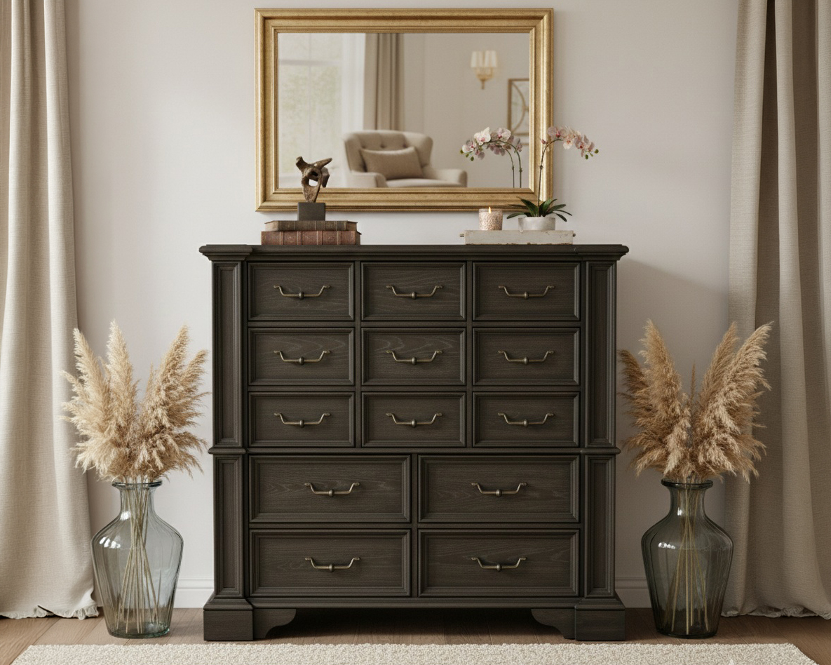 dark wood traditional style dresser styled in a bedroom scene