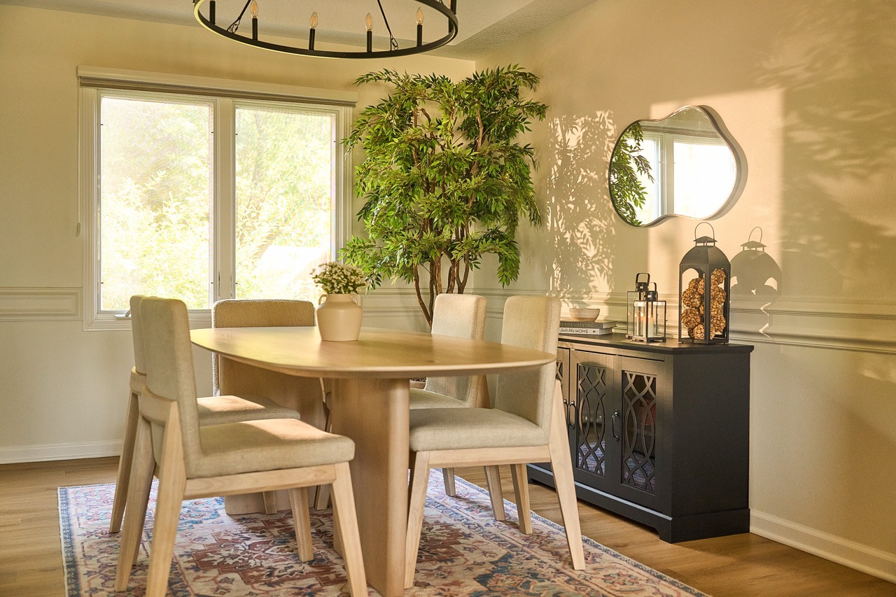 wide shot photo of a 7 piece Japandi style dining set