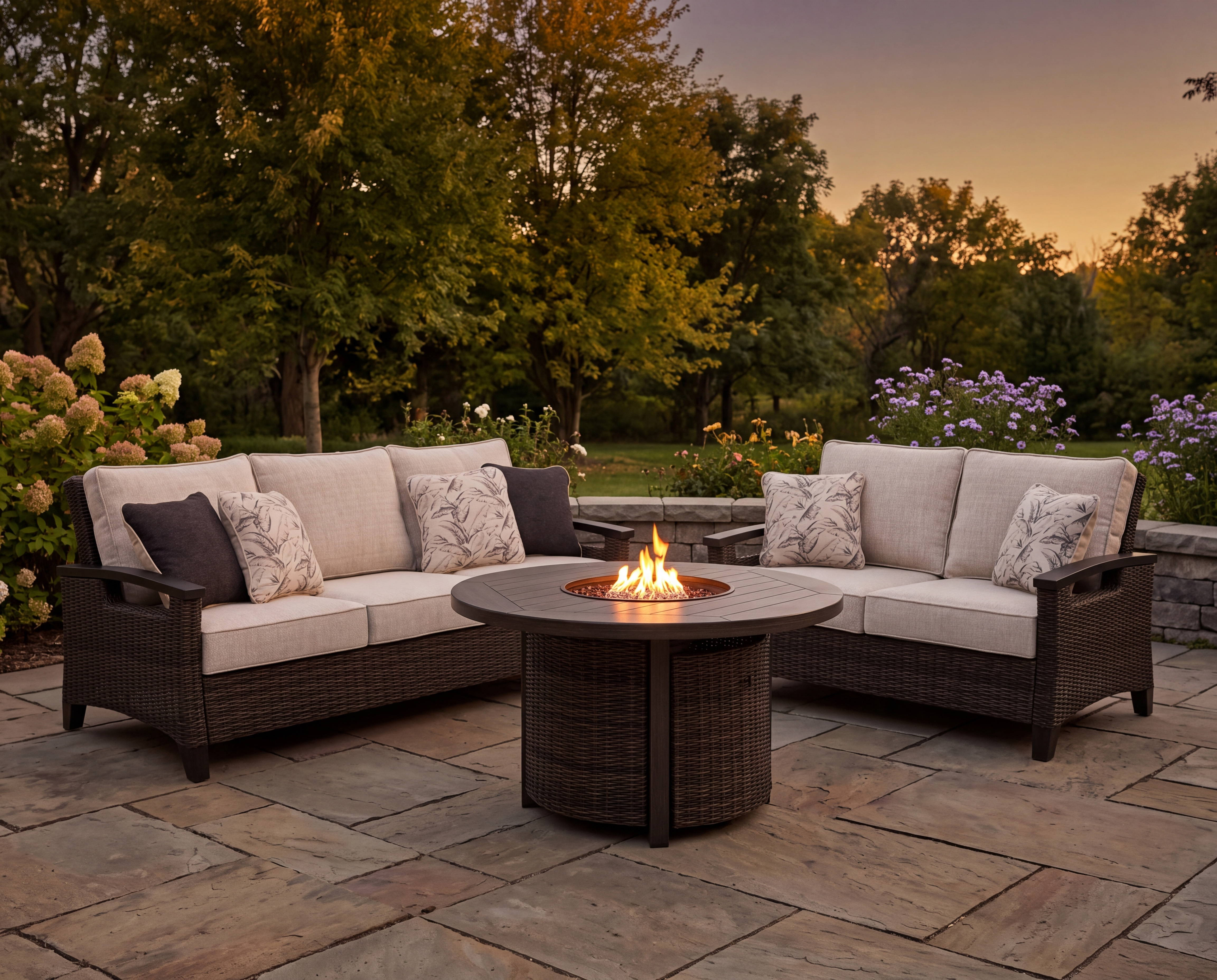 Outdoor patio lit up at night with a firepit