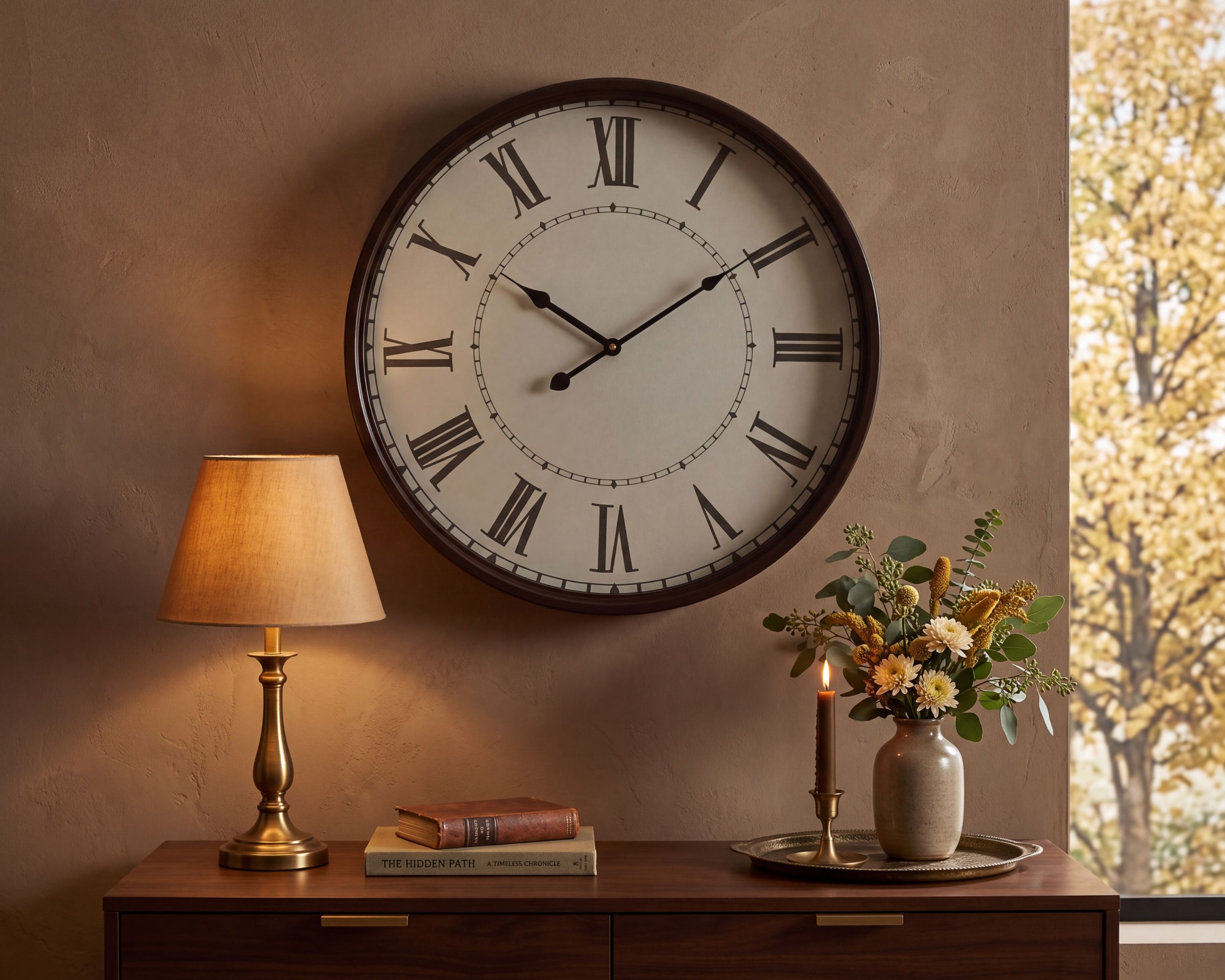 Vintage looking clock styled on a wall near a table lamp and floral arrangement