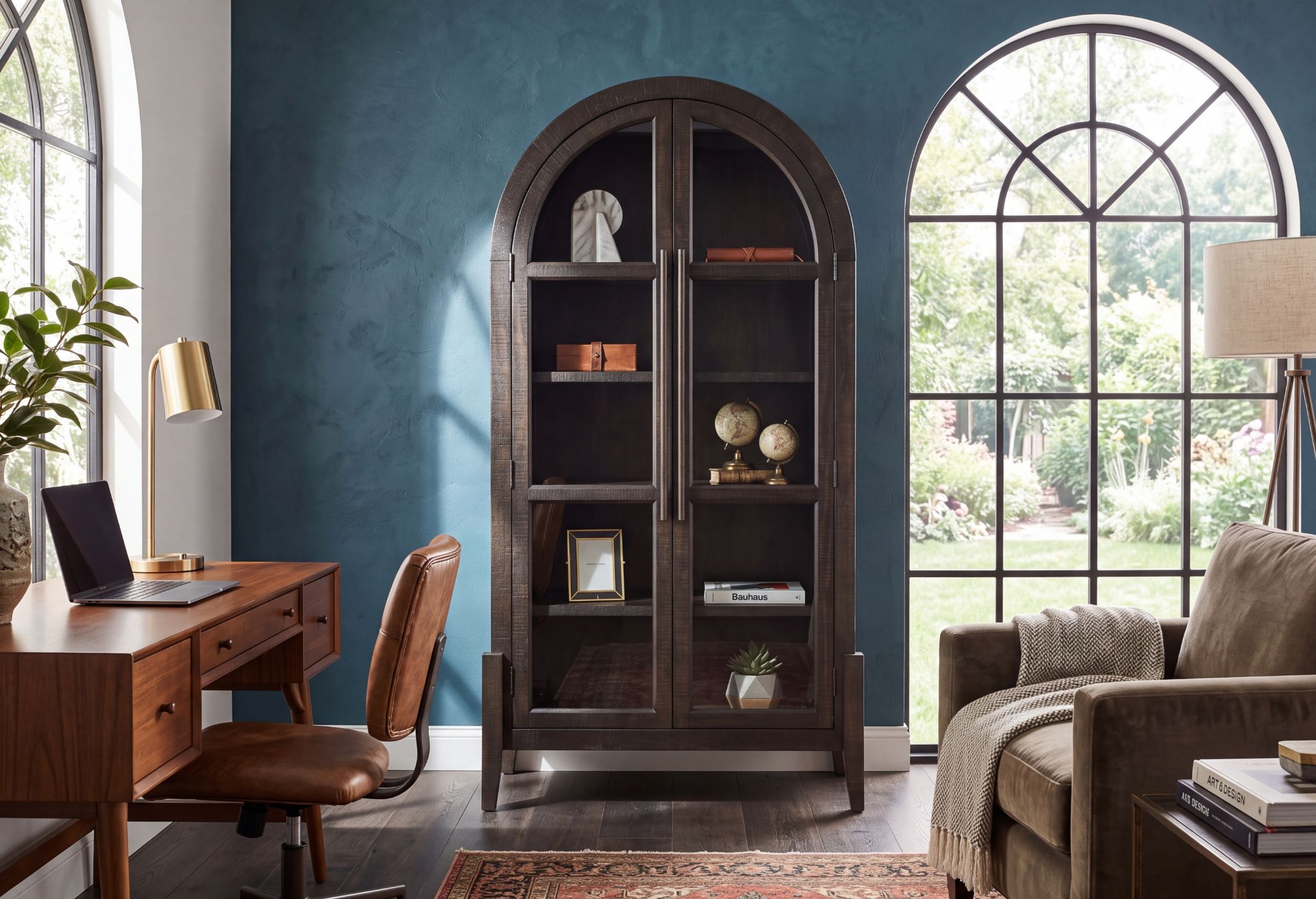 arched bookcase cabinet styled in a home office scene