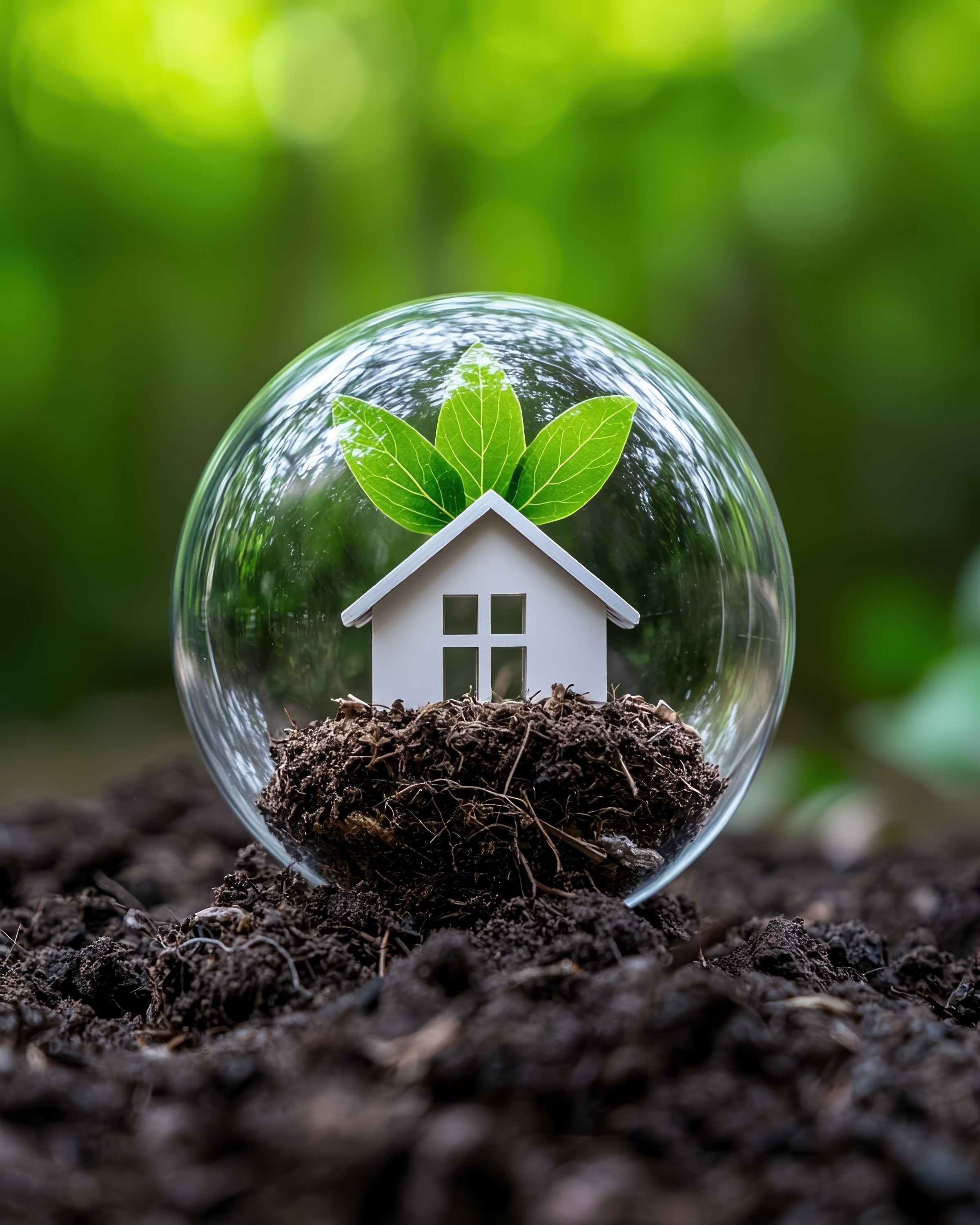 Light bulb with green home in bulb