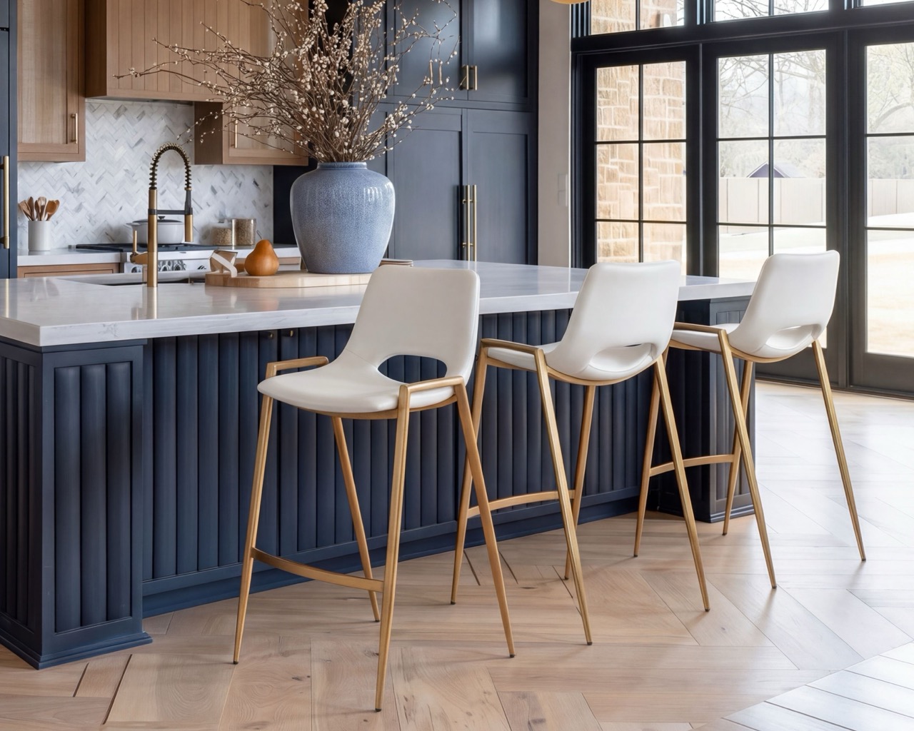 Glam style kitchen island with counter stools