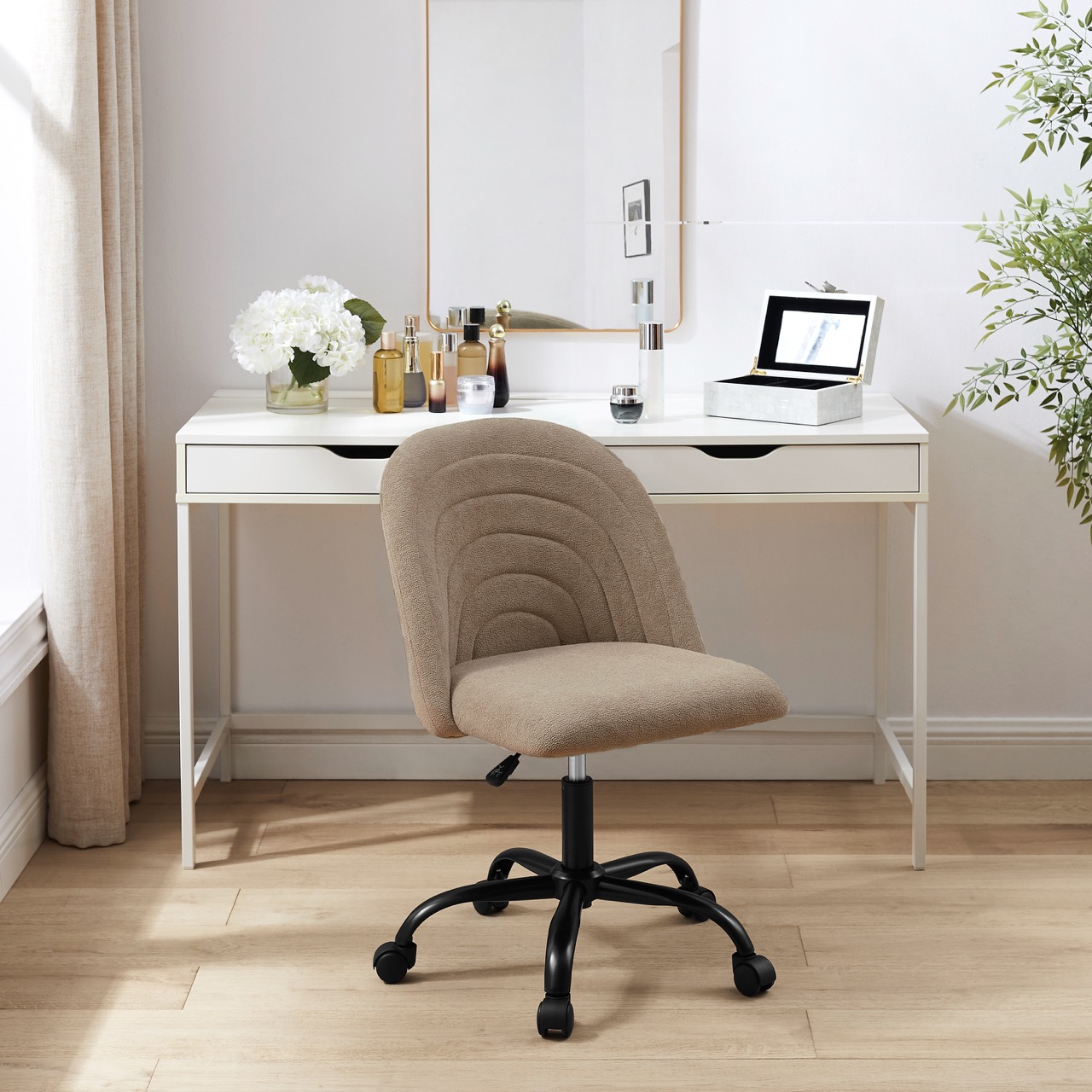 Tan minimalist office chair with arch shaped back rest