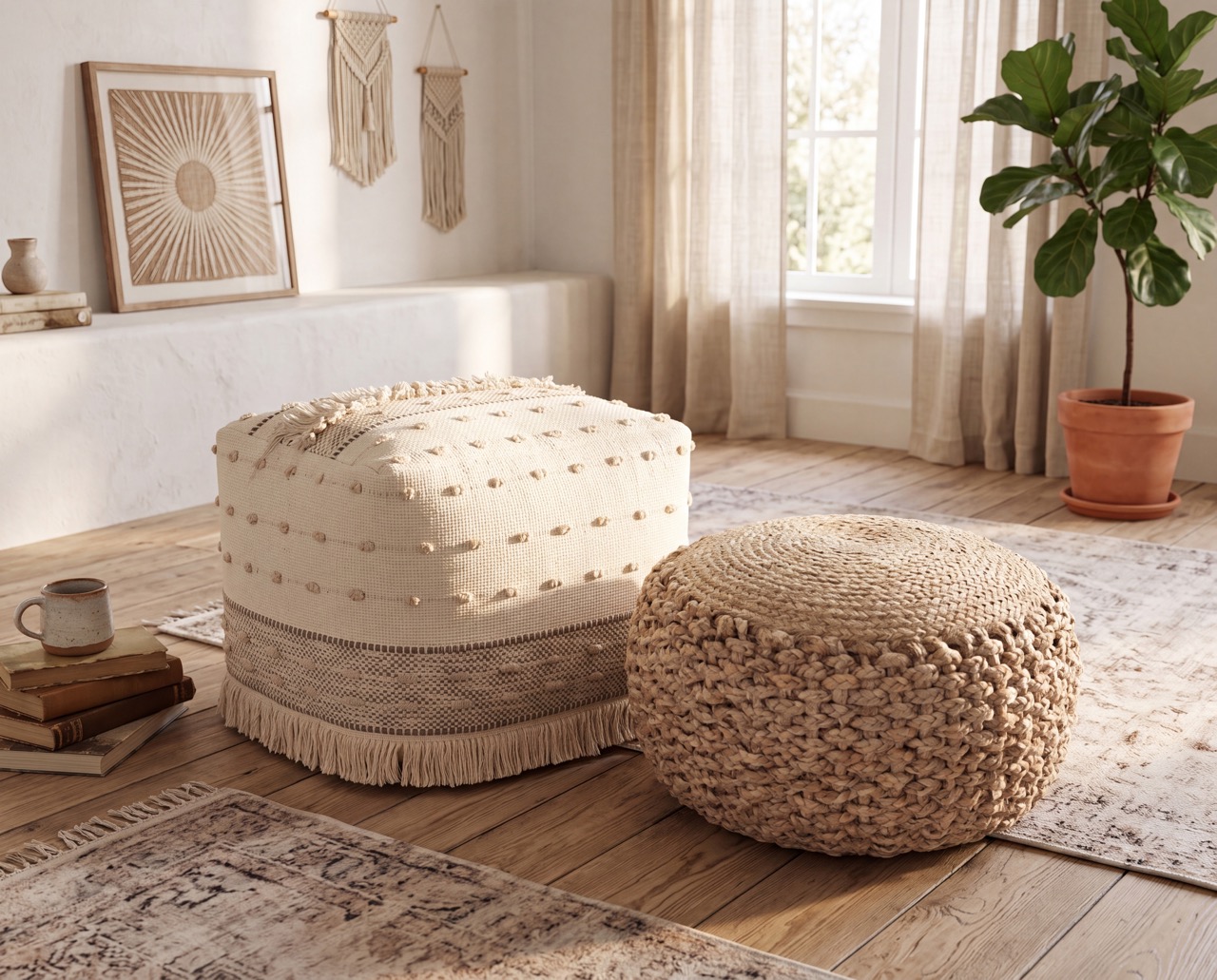 Boho poufs/ottomans in a styled living room