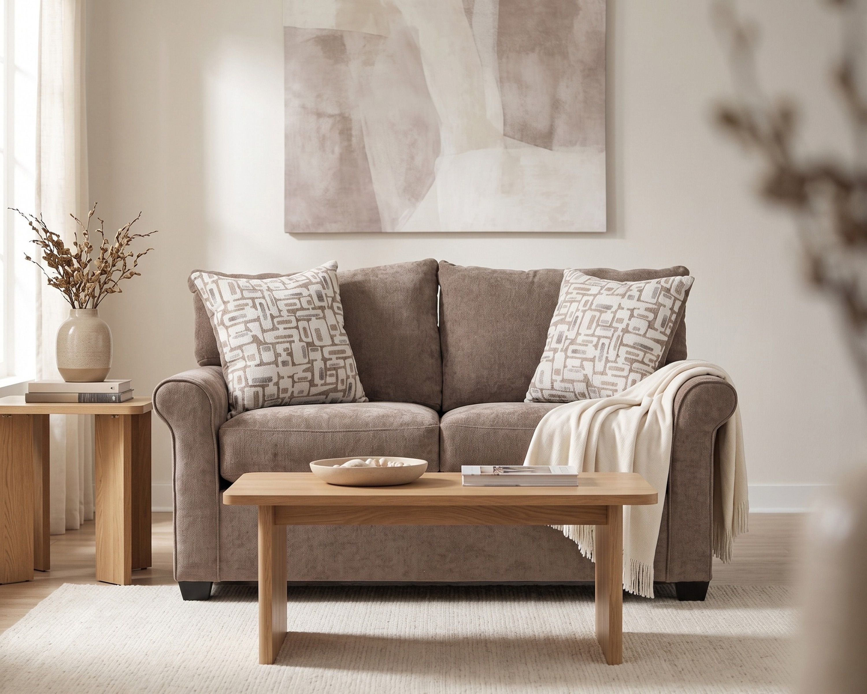 small taupe upholstered loveseat styled in a neutral and simple living room
