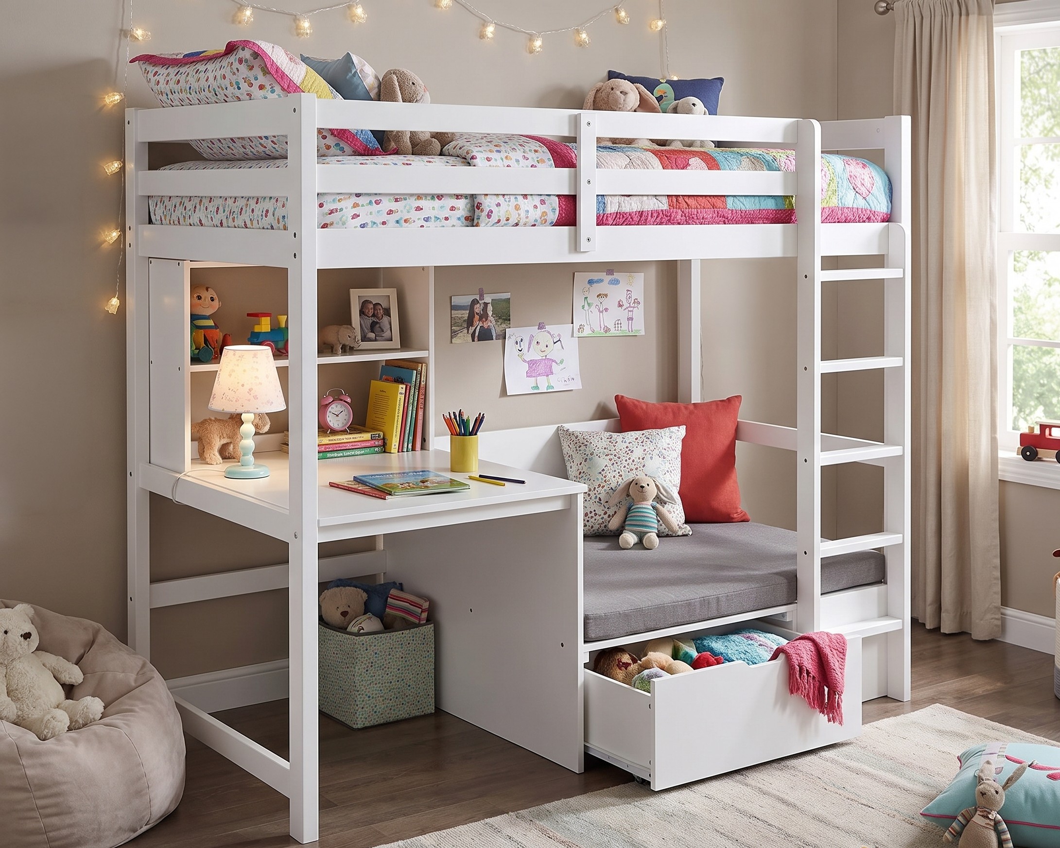 white bunkbed with desk and storage bench on bottom level