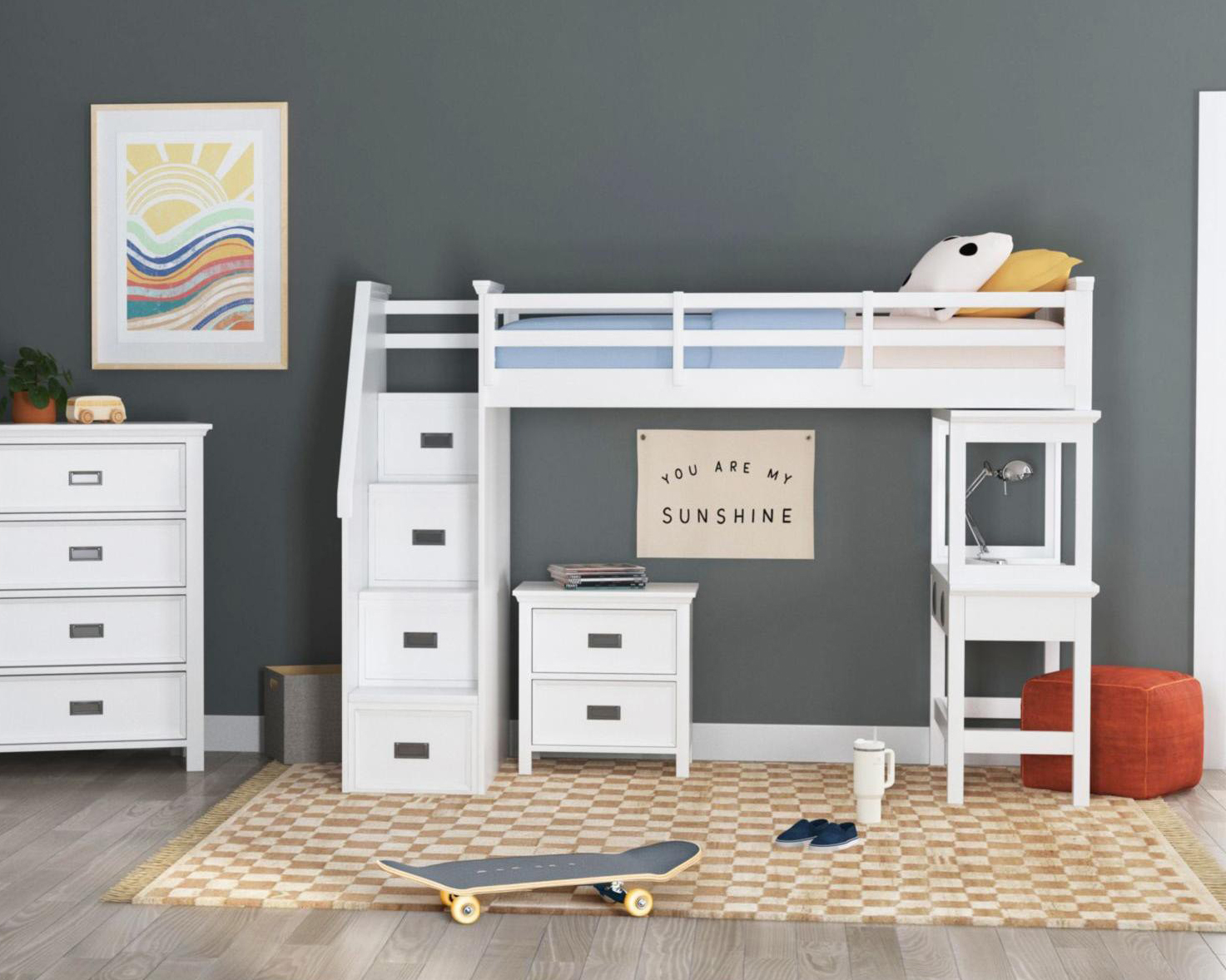 bunk bed with storage and desk with stairs