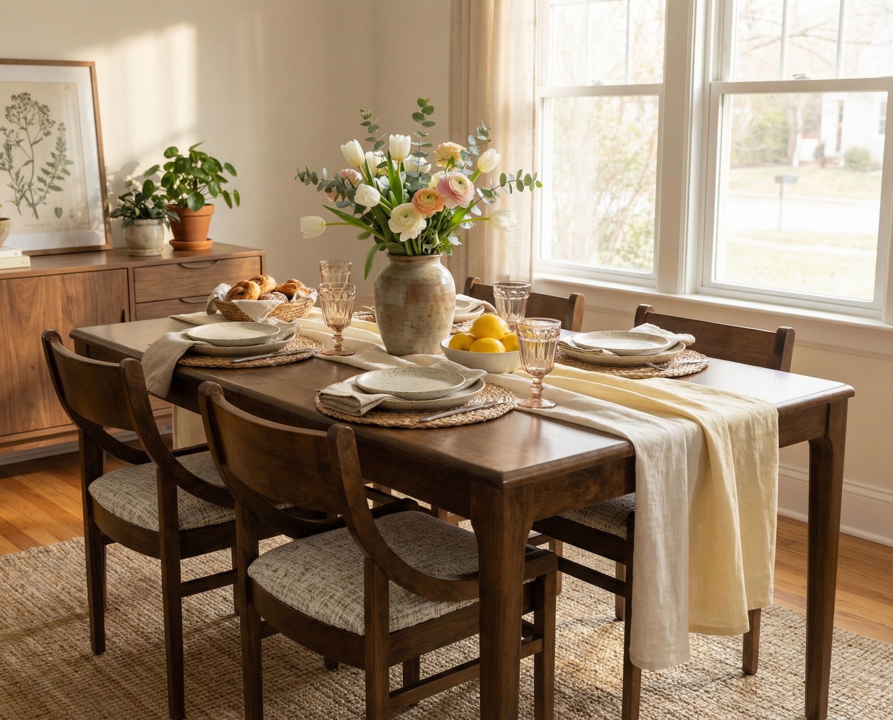 quality crafted Mavin dining table decorated with Spring decor