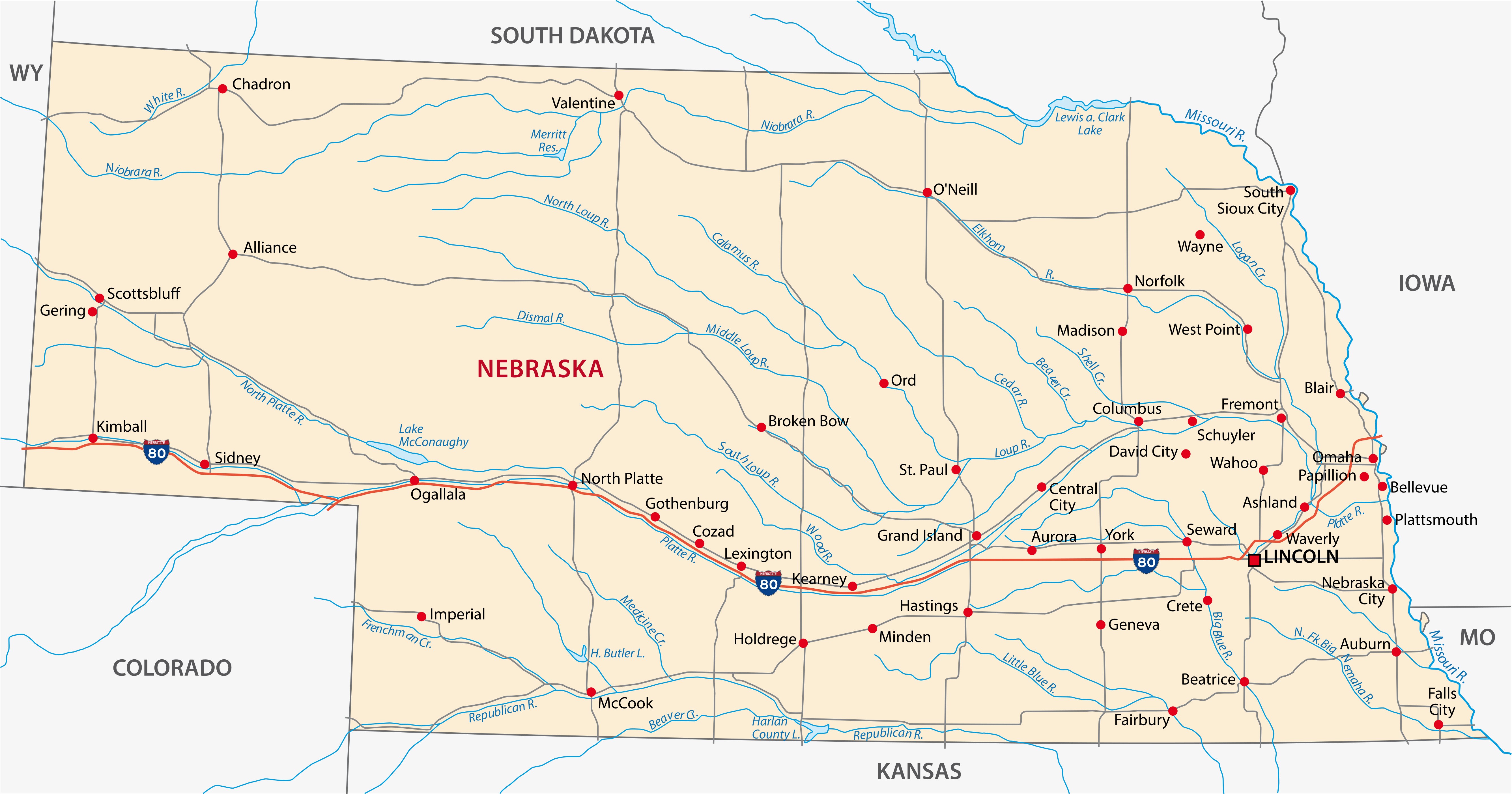 Nebraska State map pinning major cities and towns