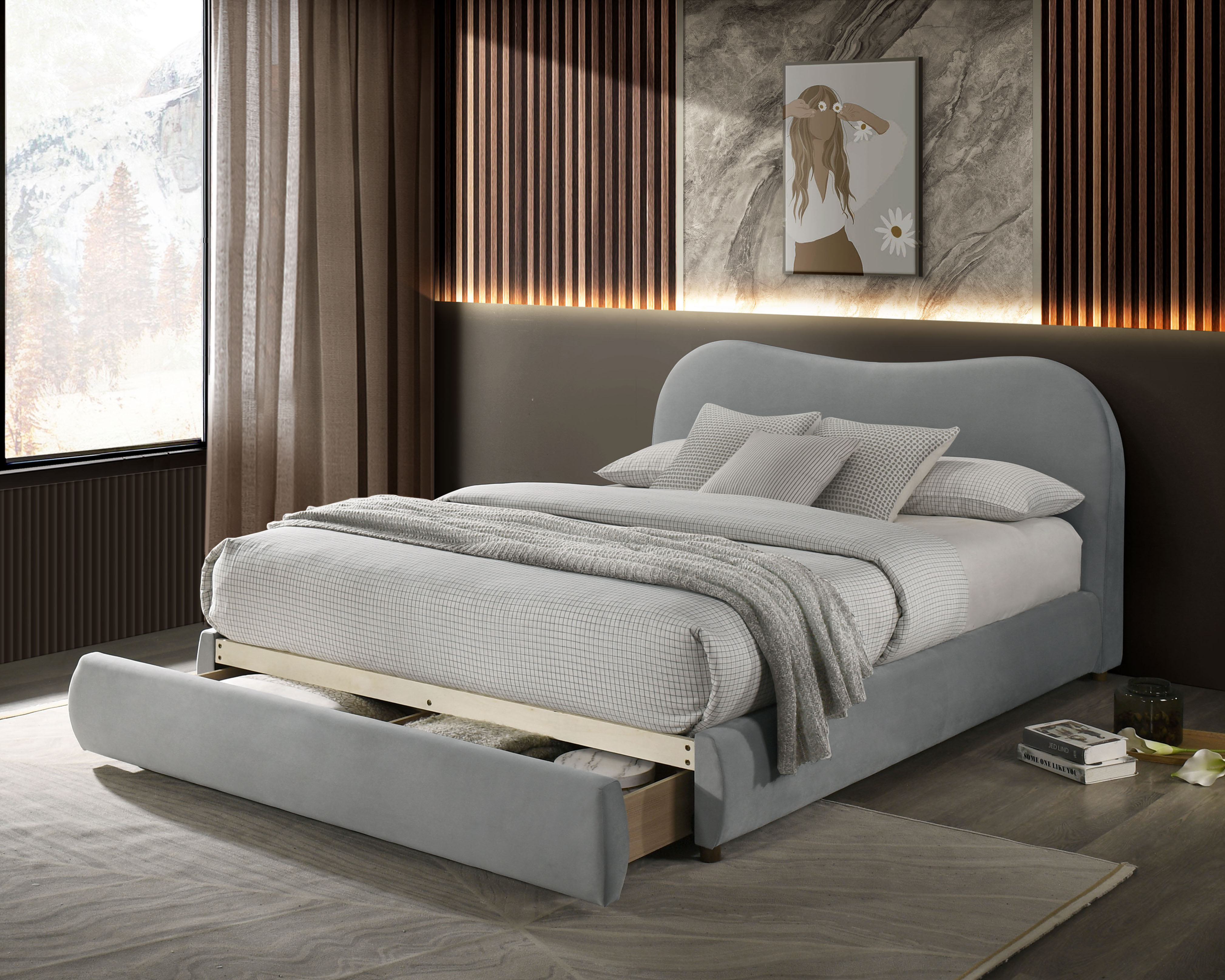 gray upholstered bed with a hidden drawer at the foot board